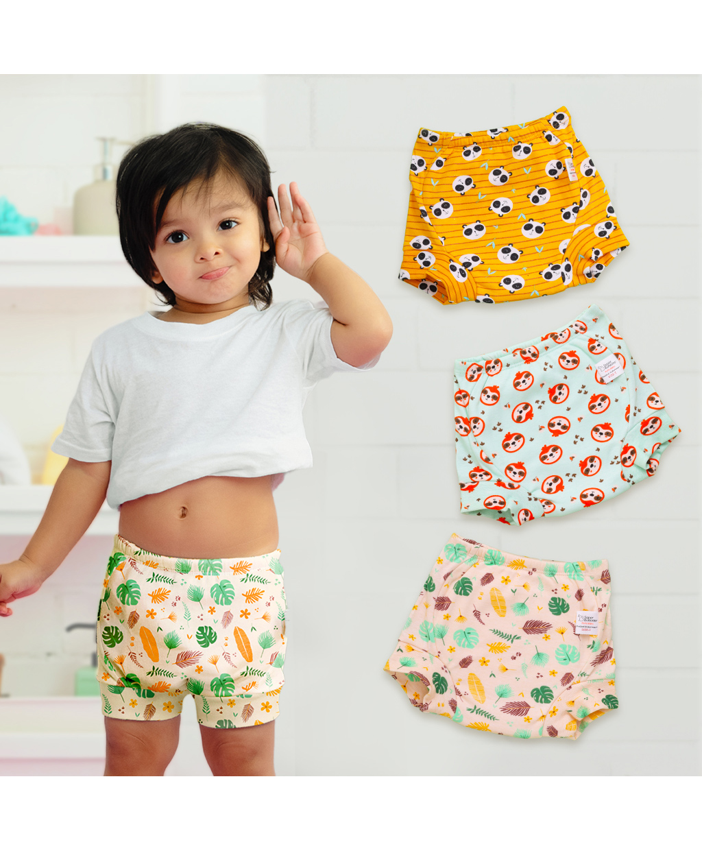 SuperBottoms Potty Training Pants for Mess-Free Diaper-Free Time with Panda & Floral Print Pack of 3 - Yellow Baby Pink-picture-6