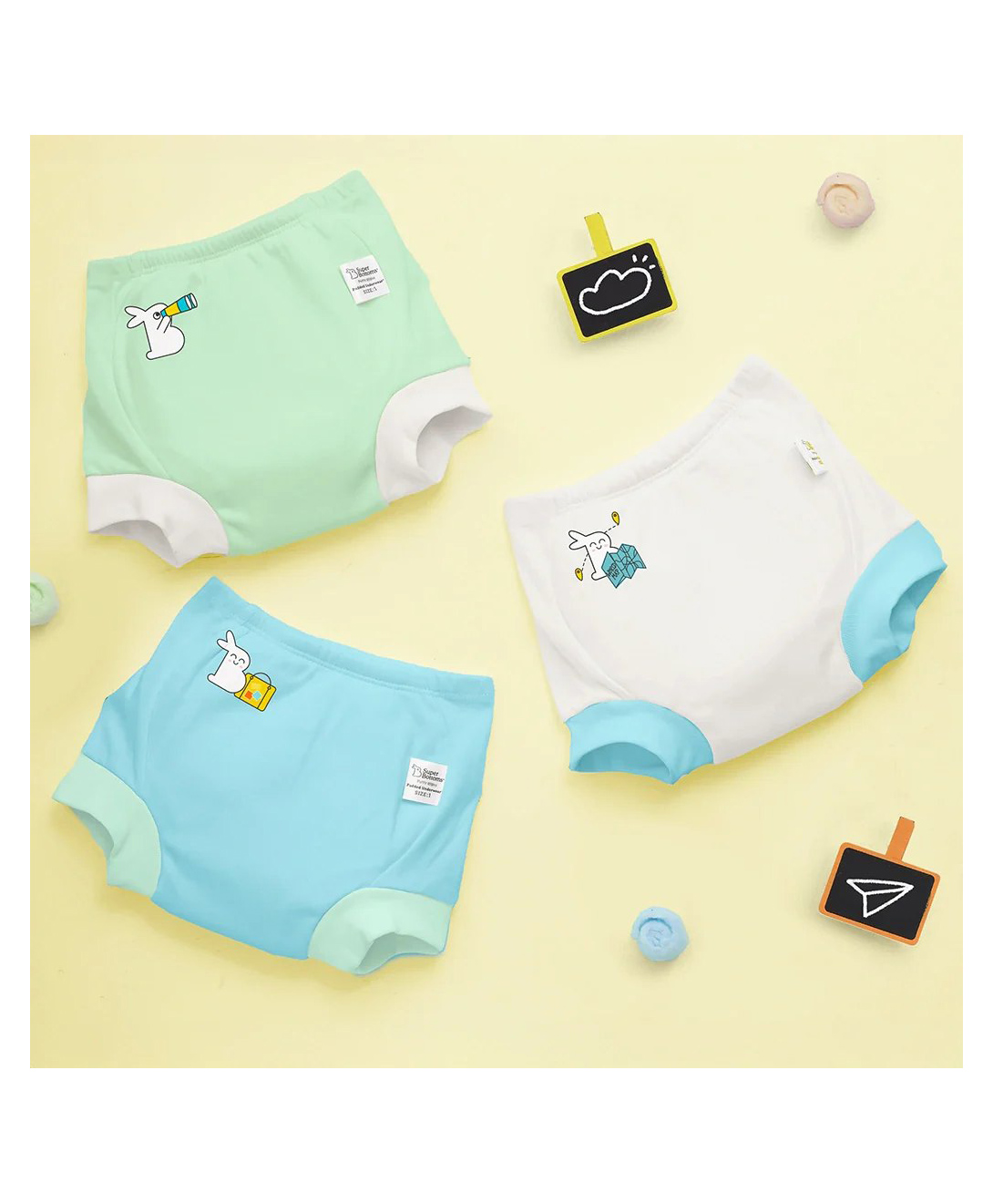 SuperBottoms Potty Training Pants for Mess-Free Diaper-Free Time with Bunny Print Pack of 3 - Light Blue White & Light Green.-picture-16