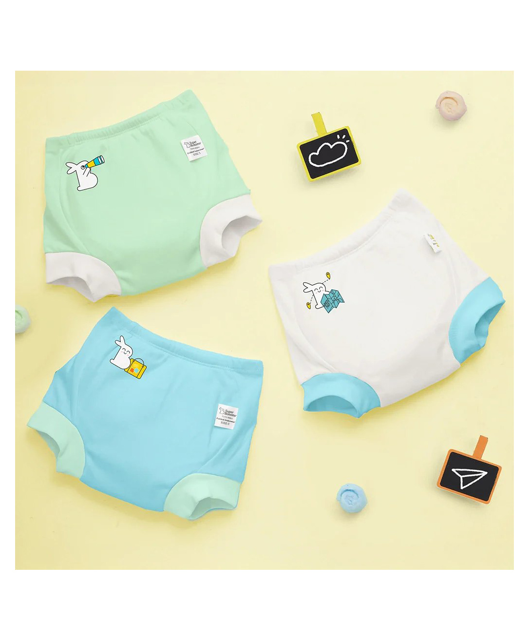 SuperBottoms Potty Training Pants for Mess-Free Diaper-Free Time with Bunny Print Pack of 3 - Light Blue White & Light Green.