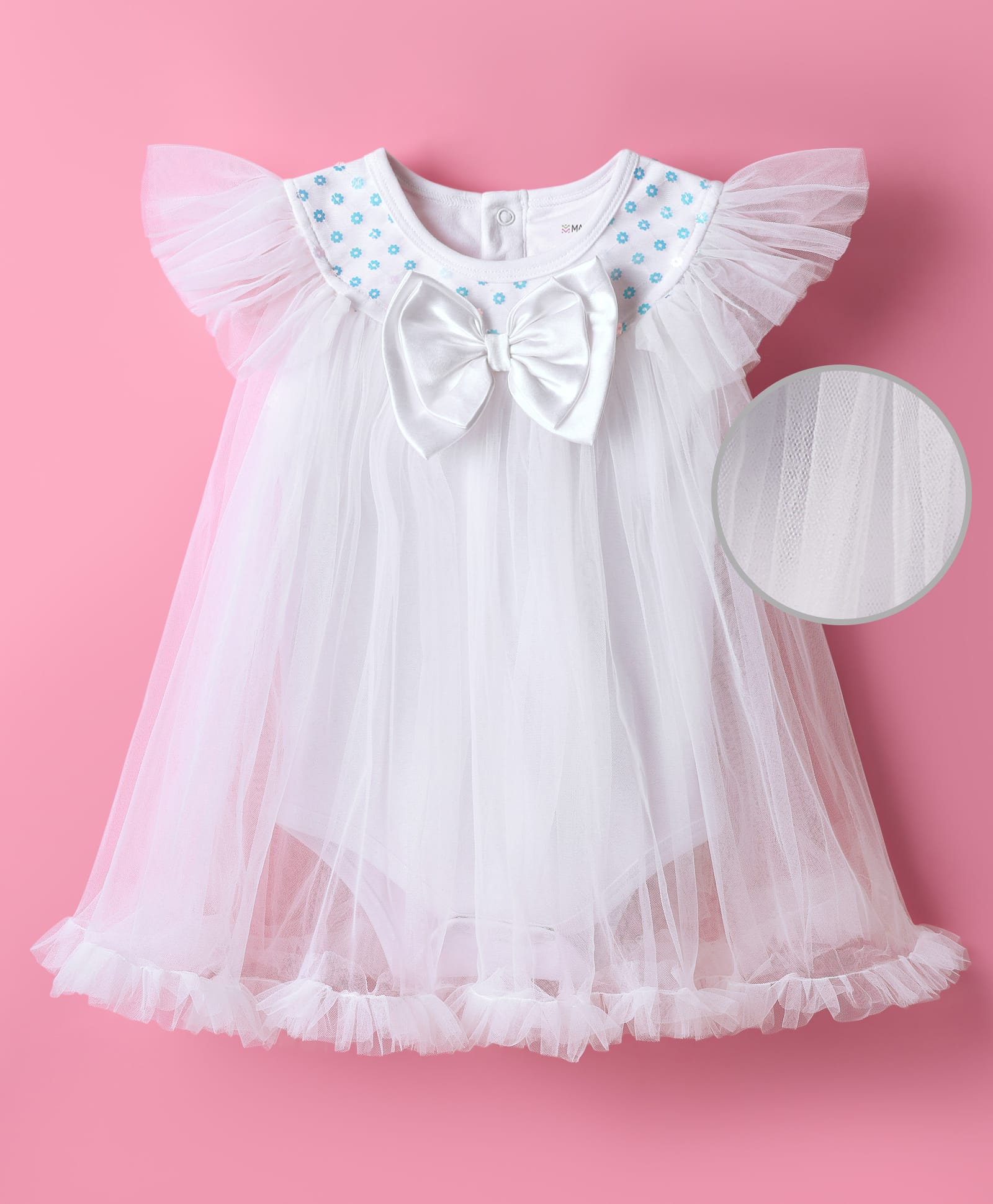 Mark & Mia Woven Frill Sleeves Party Onesie with Bow Applique & Sequin Detailing - White-image-19