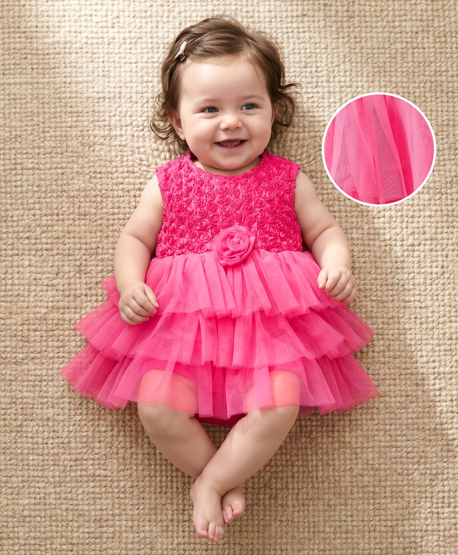 Mark & Mia Woven Sleeveless Layered Frock Style Party Onesie with Floral Applique & Hat - Pink-image-3