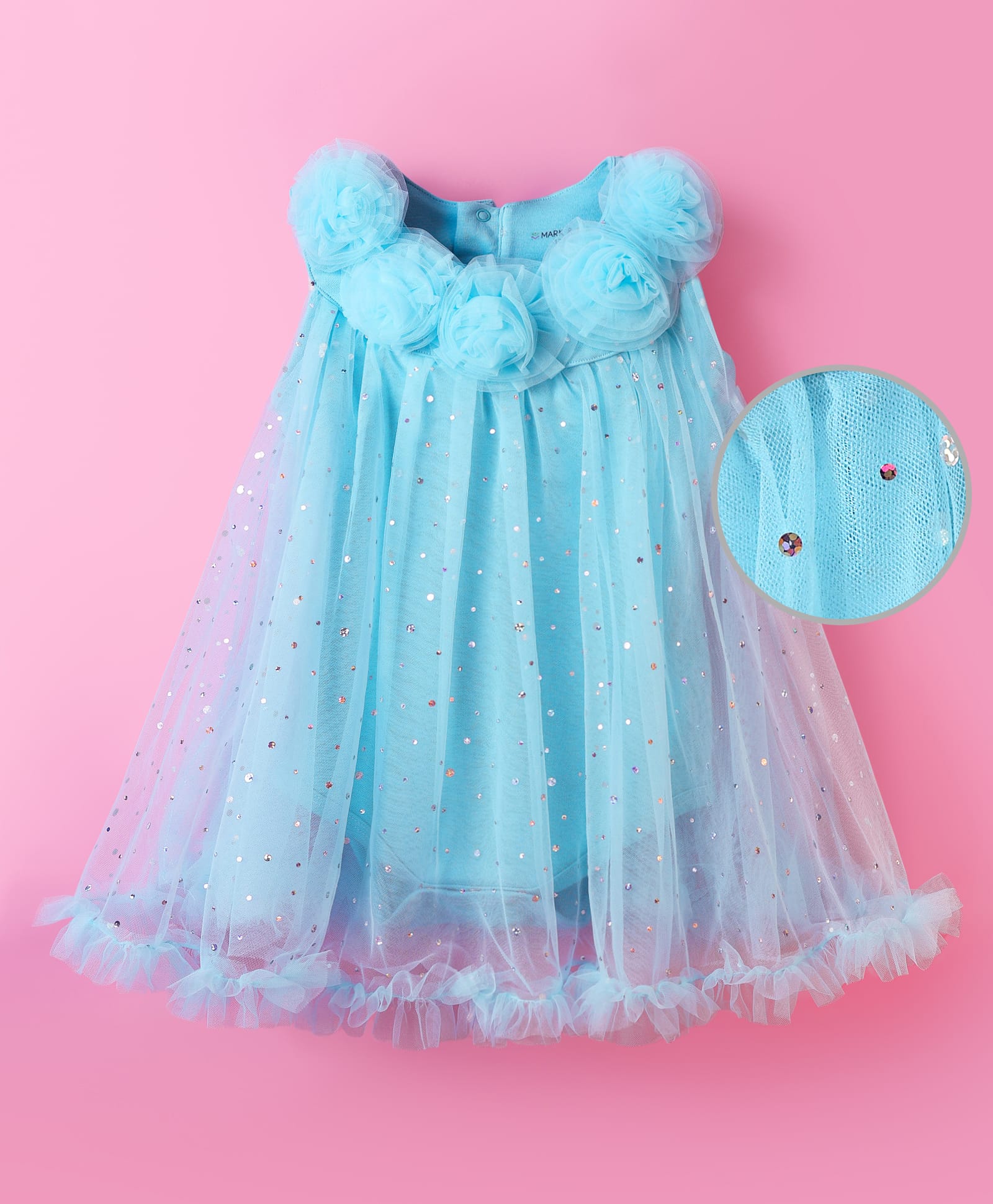Mark & Mia Woven Sleeveless Party Onesie with Floral Applique & Foil Print - Light Blue-picture-30