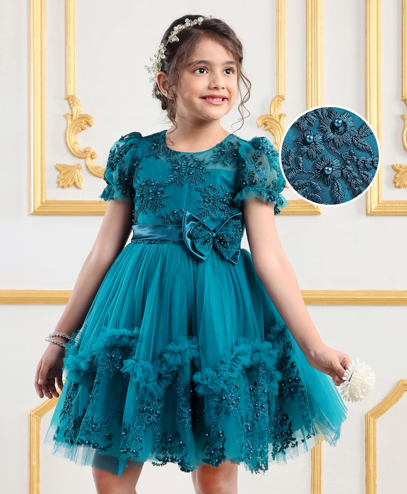 Mark & Mia Cotton Woven Half Sleeves Frock with Floral Embroidery & Pearls - Teal Blue-image-10