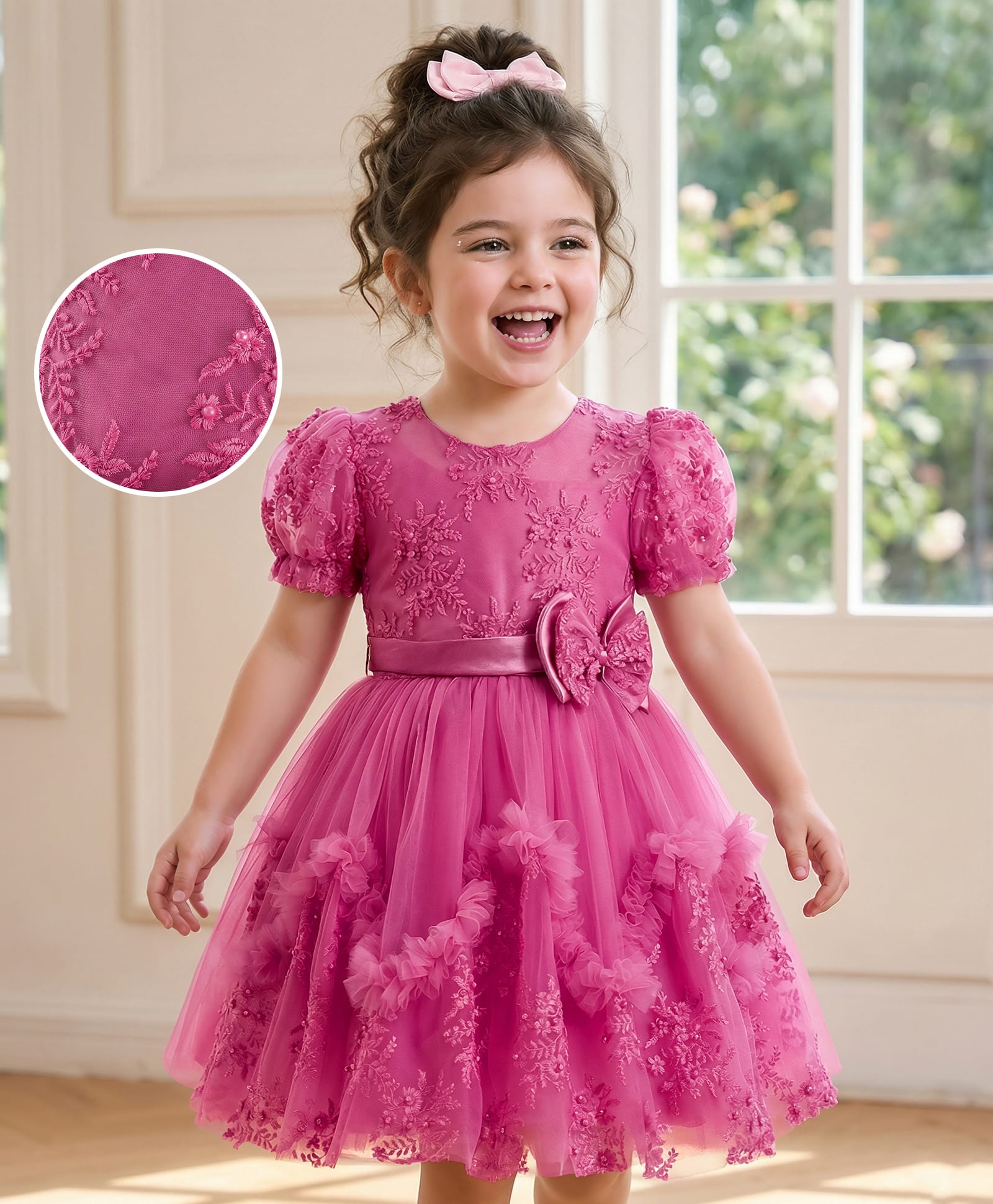 Mark & Mia Cotton Woven Half Sleeves Frock with Floral Embroidery & Pearls - Pink-image-16