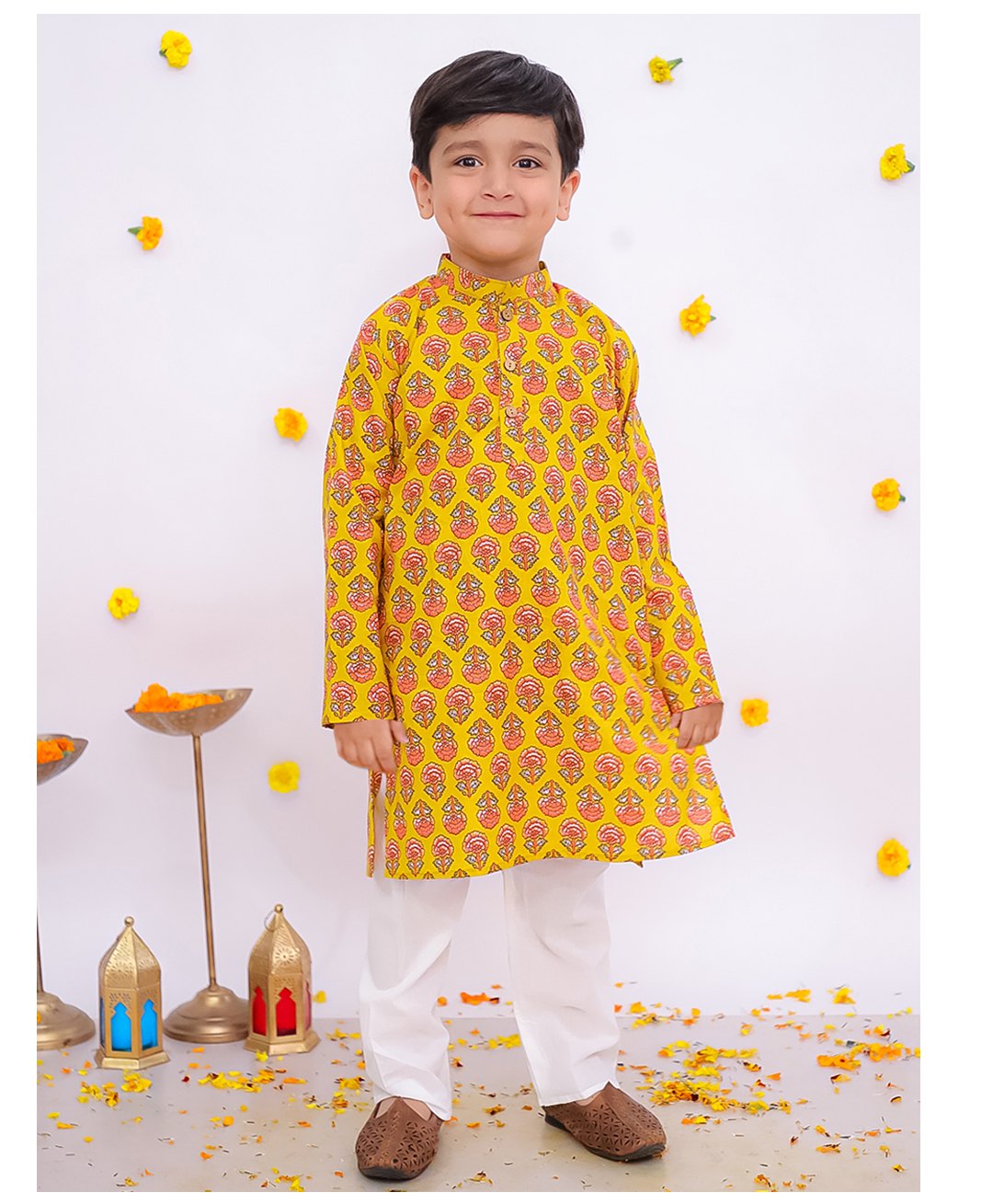 BownBee Pure Cotton Full Sleeves Floral Printed Kurta Pyjama Set - Yellow-picture-29