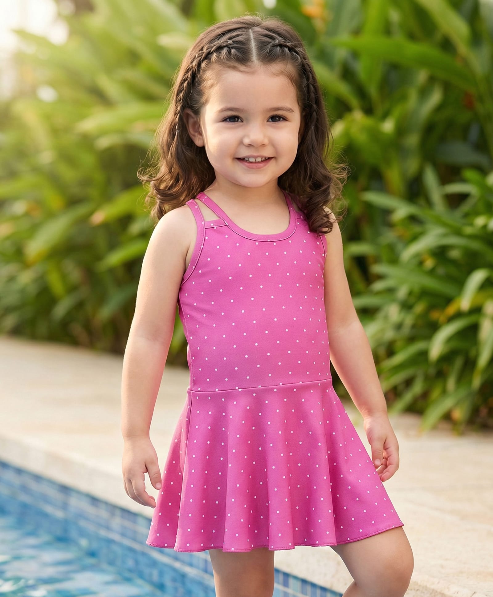 Babyhug Water Repellant Sleeveless Frock Style Swimsuit With Polka Dot Print - Pink-image-42
