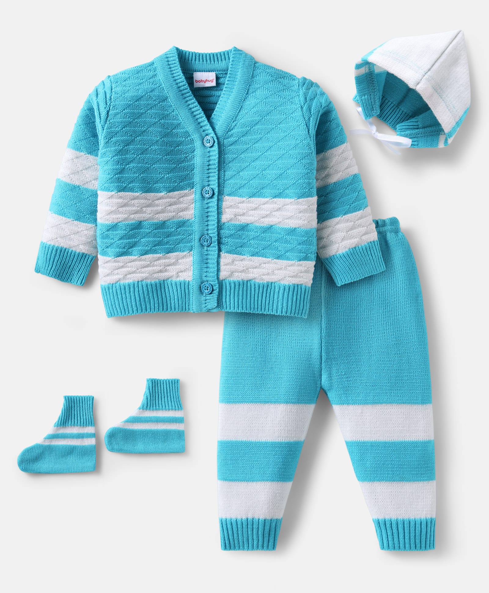 Babyhug Knit Full Sleeves Striped Front Open Sweater Set with Cap & Booties - White & Blue-image-43