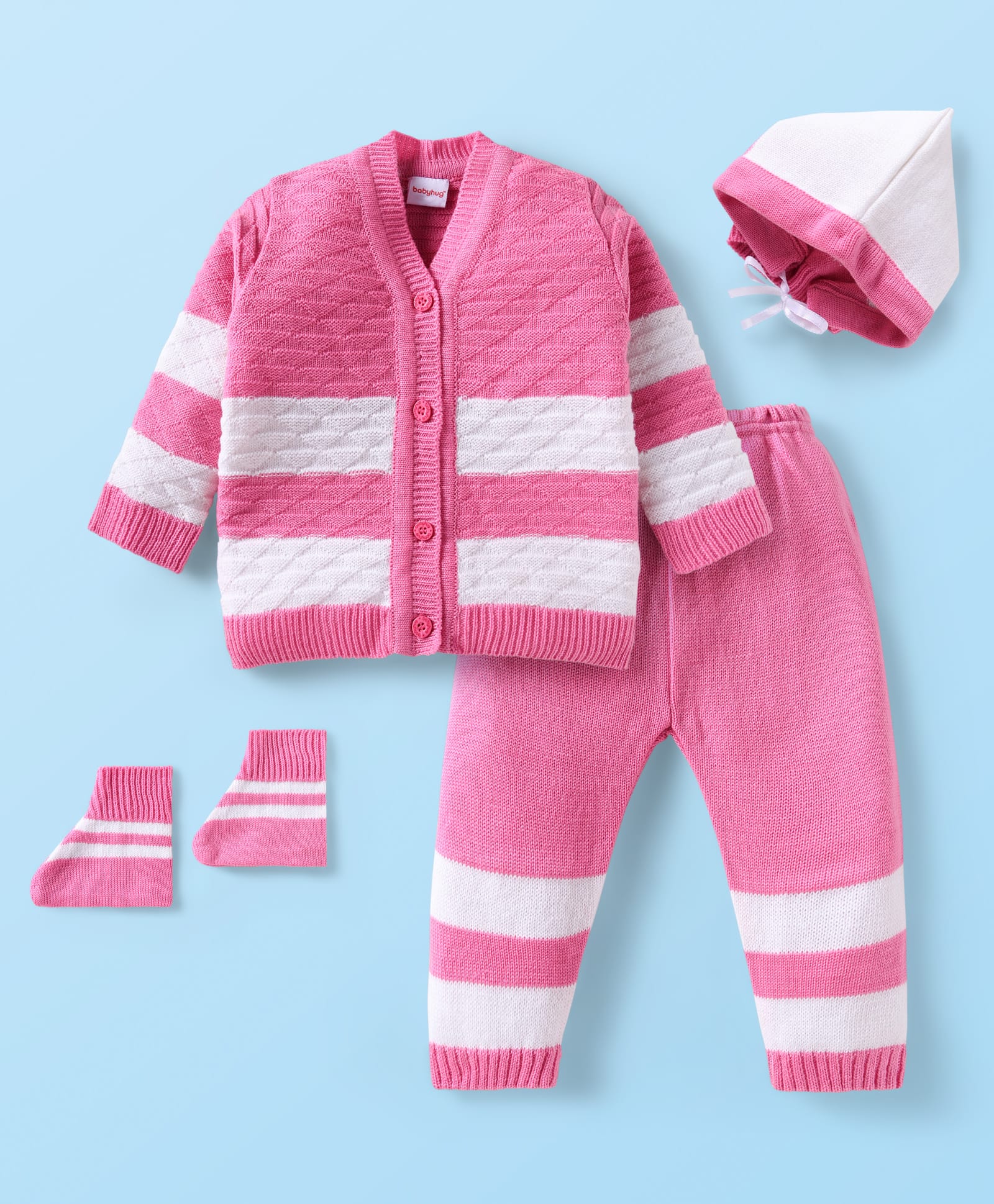 Babyhug Knit Full Sleeves Front Open Sweater & Pant Set with Cap and Booties Stripes Design - Pink-picture-30
