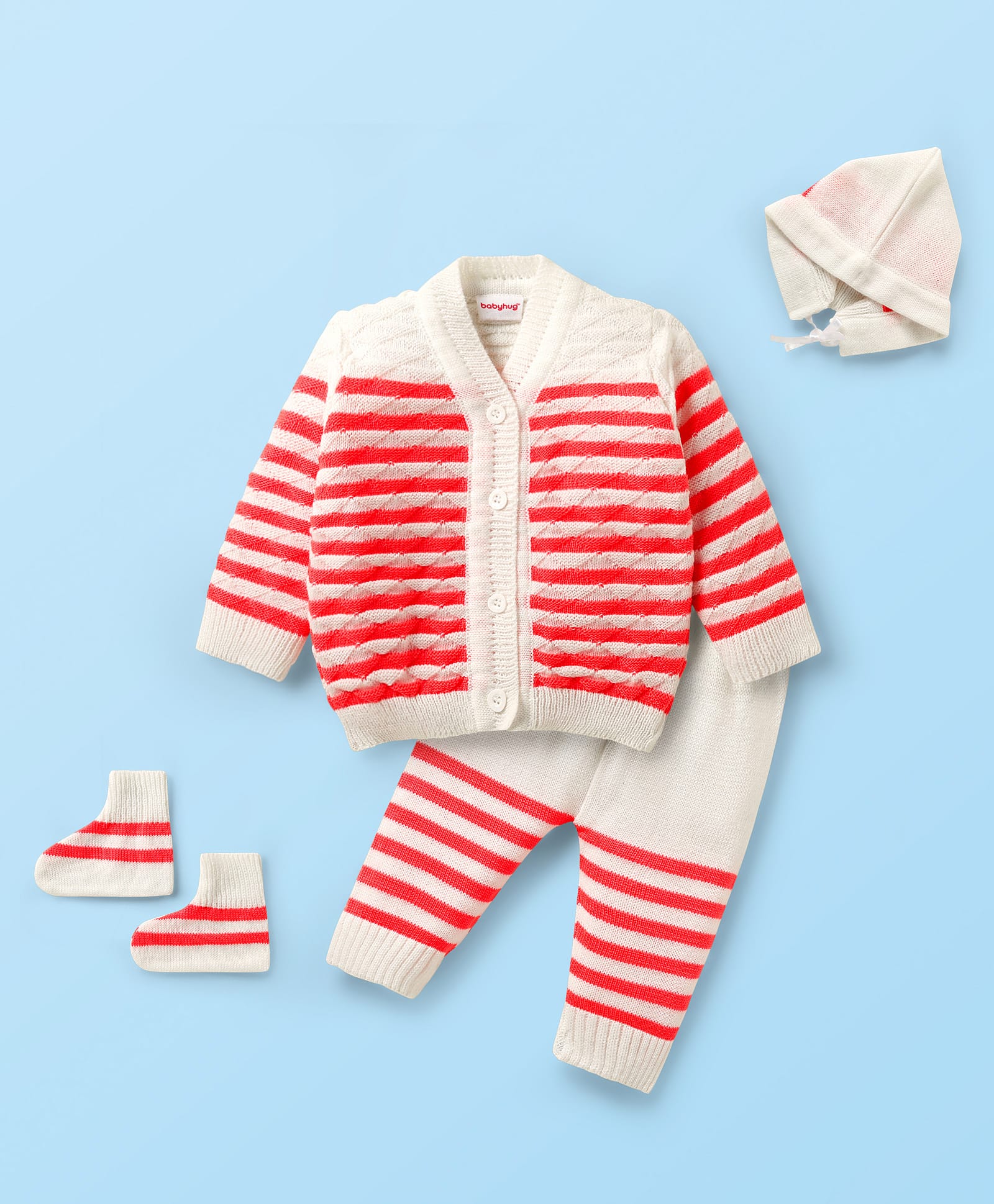 Babyhug Knitted Full Sleeves Striped Front Open Sweater Set with Pair of Booties & Cap - Red & White-image-33