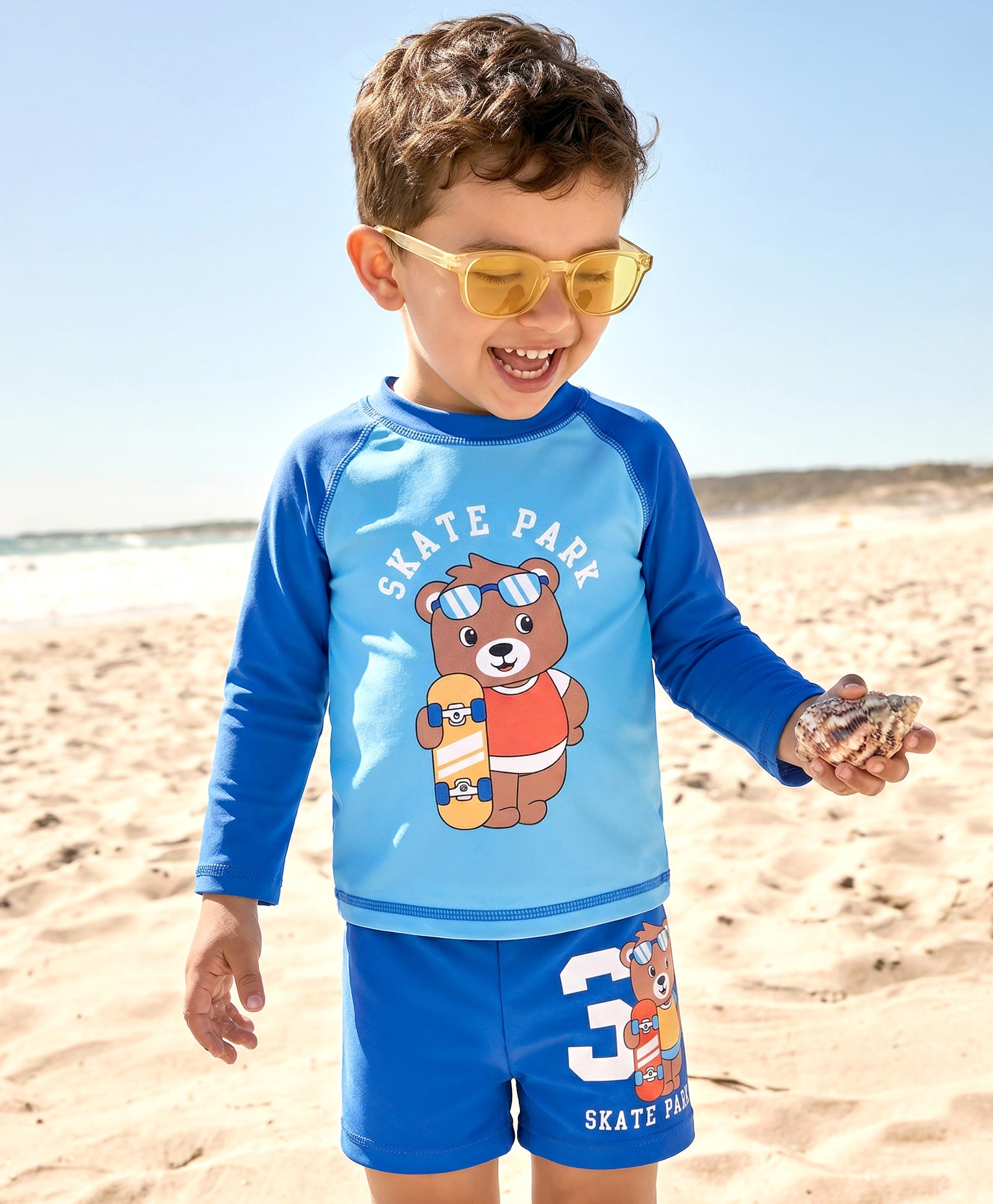 Babyhug Full Raglan Sleeves Water Repellent Two Piece Swimsuit with Bear Print - Blue-picture-17