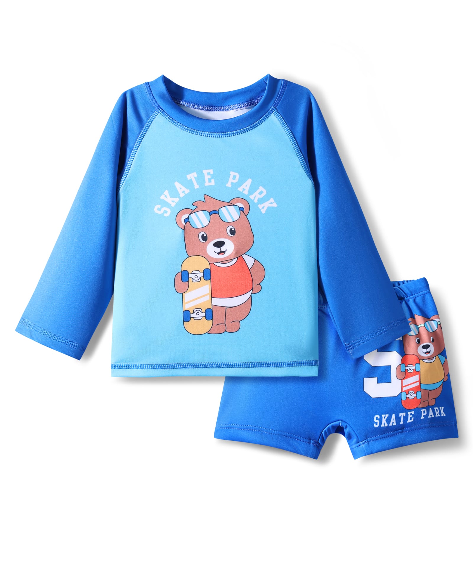 Babyhug Full Raglan Sleeves Water Repellent Two Piece Swimsuit with Bear Print - Blue