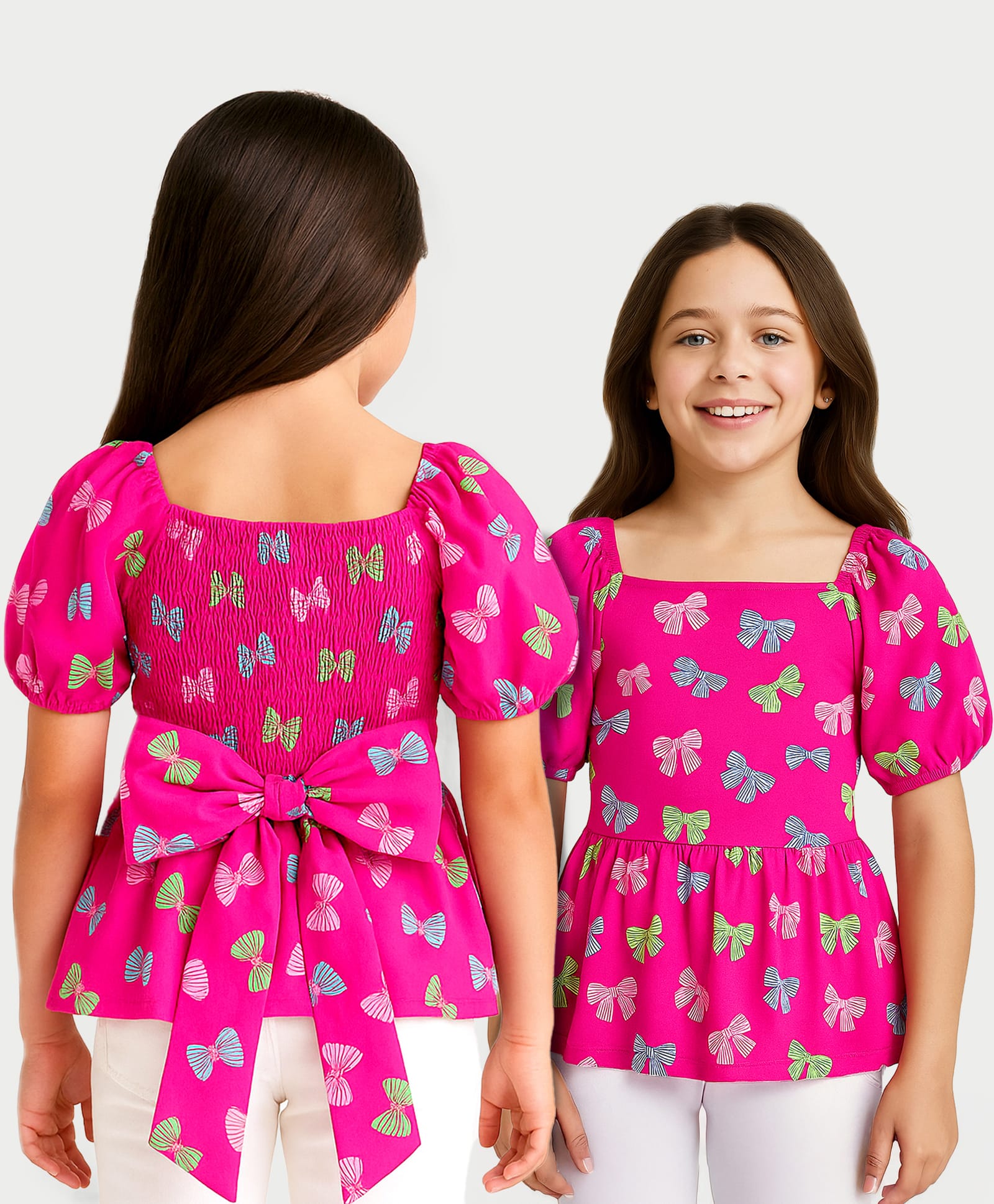 arias by lara dutta Arias Knit Half Balloon Sleeves Smocked Top with Bow Print & Applique - Pink-picture-10