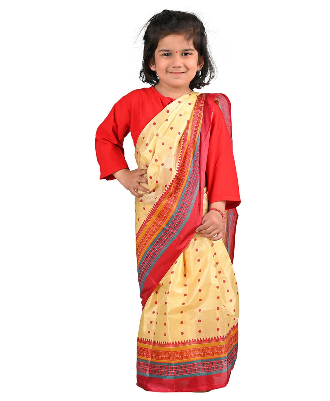BookMyCostume Woven Three Fourth Sleeves Bihu Dance Theme Assamese Costume Set - Multi Colour-image-35