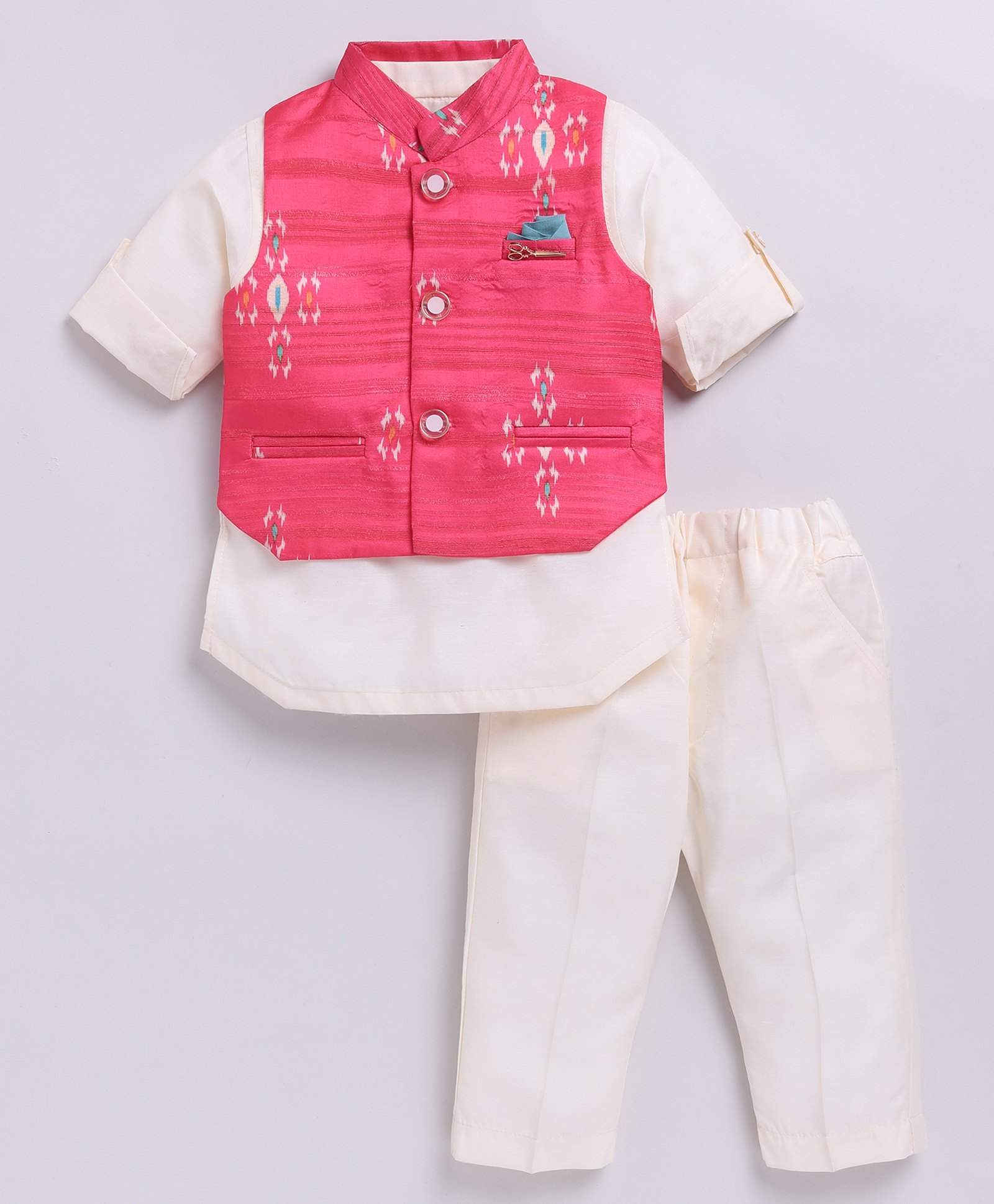 LITTLE COLLARS Blended Full Sleeves Solid Kurta & Pyjama With Ikat Printed Jacket Set - Pink-image-34
