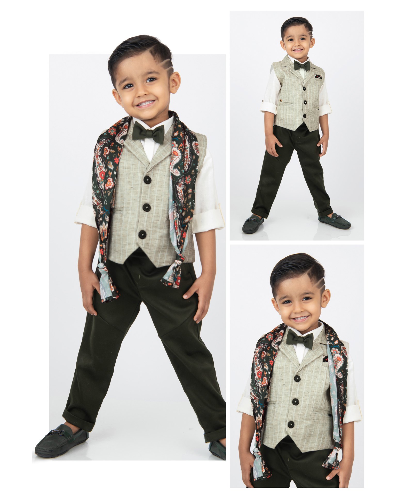 LITTLE COLLARS Linen Full Sleeves Checked 3 Piece Party Suit Set With Bow & Floral Printed Stole - Green-image-37