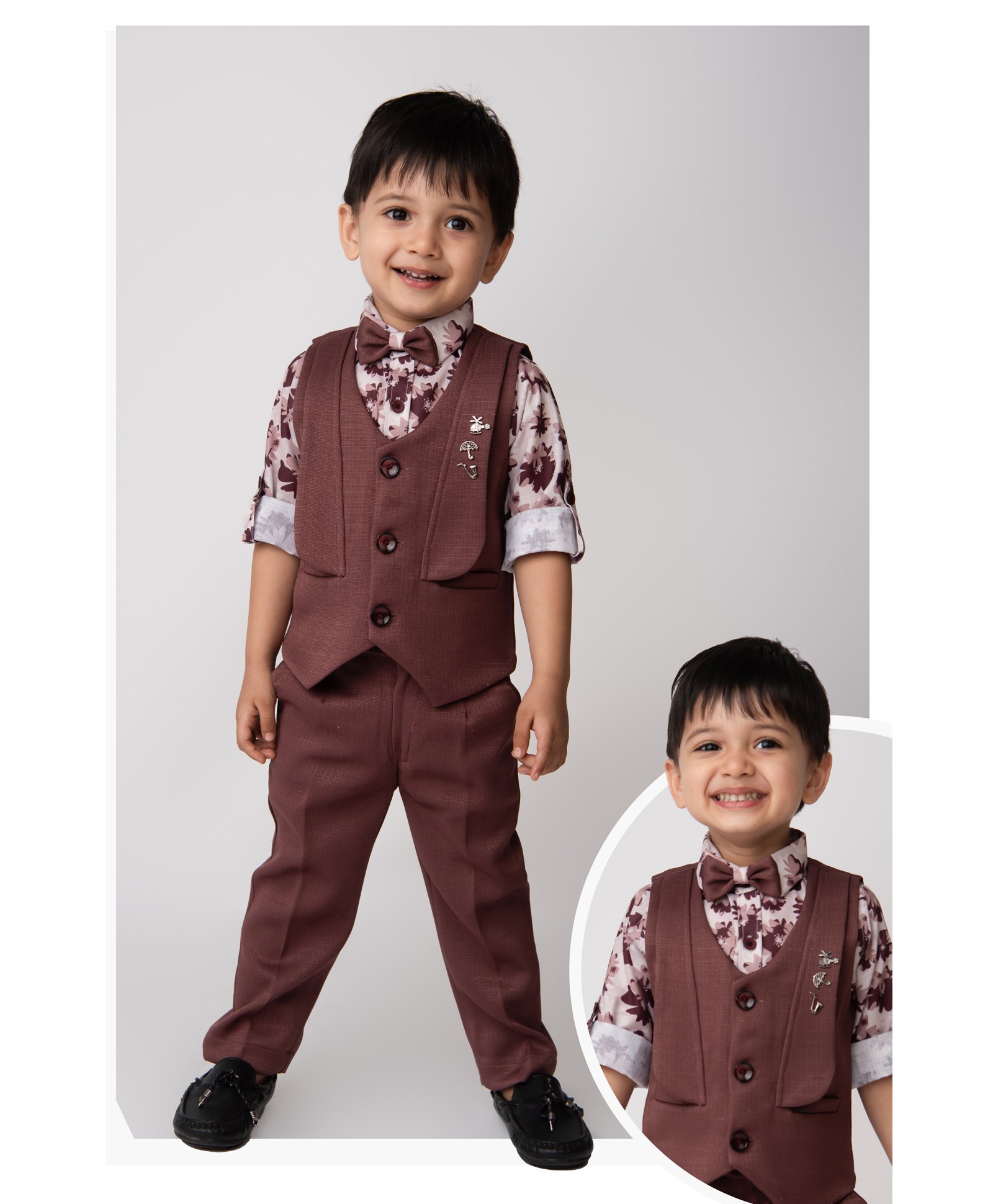 LITTLE COLLARS Blended Full Sleeves Floral Printed 3 Piece Party Suit Set With Bow & Brooches - Wine-picture-32