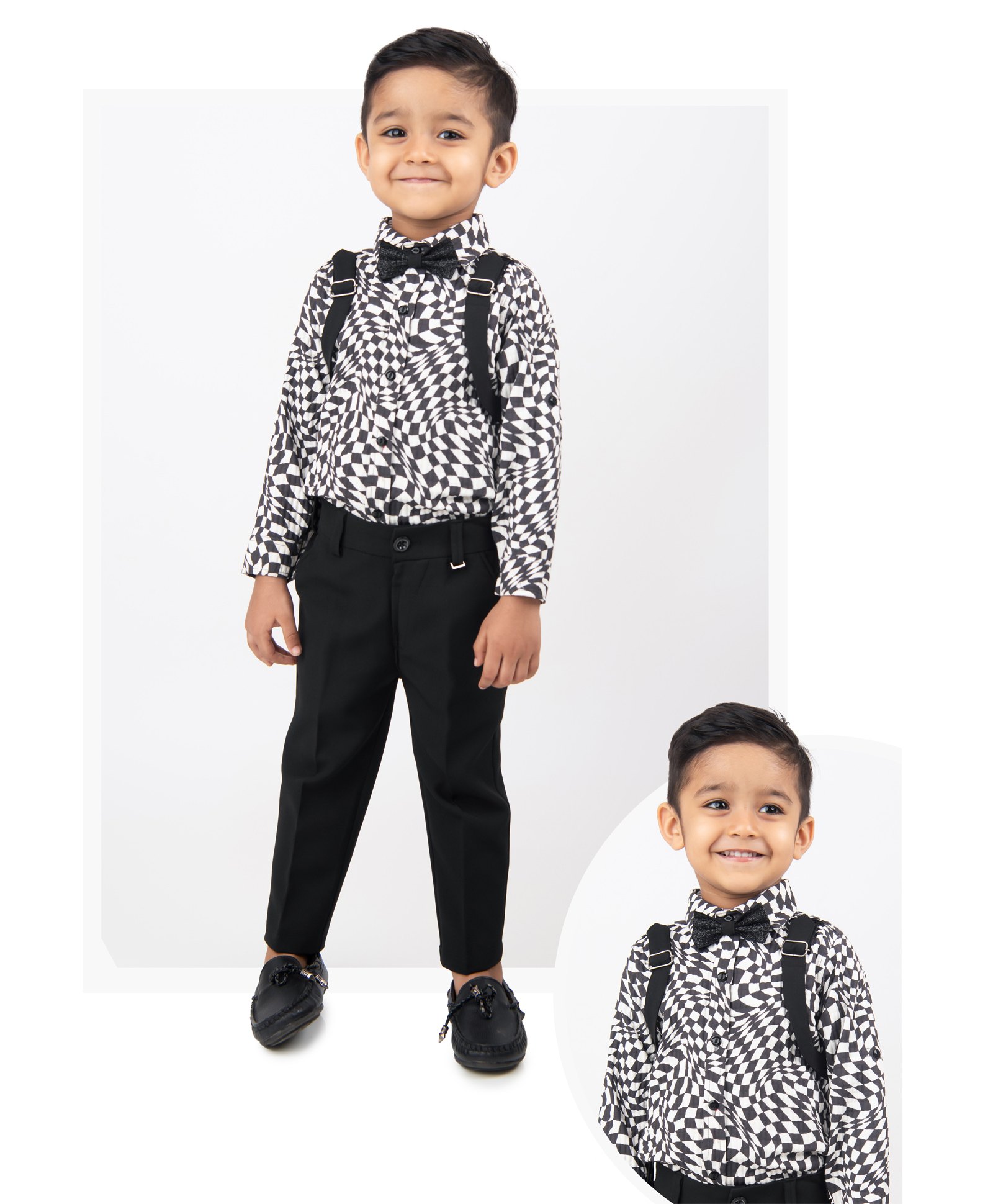 LITTLE COLLARS Blended Full Sleeves Checked & Suspender Attached Shirt & Pant With Bow Set - Black-picture-4