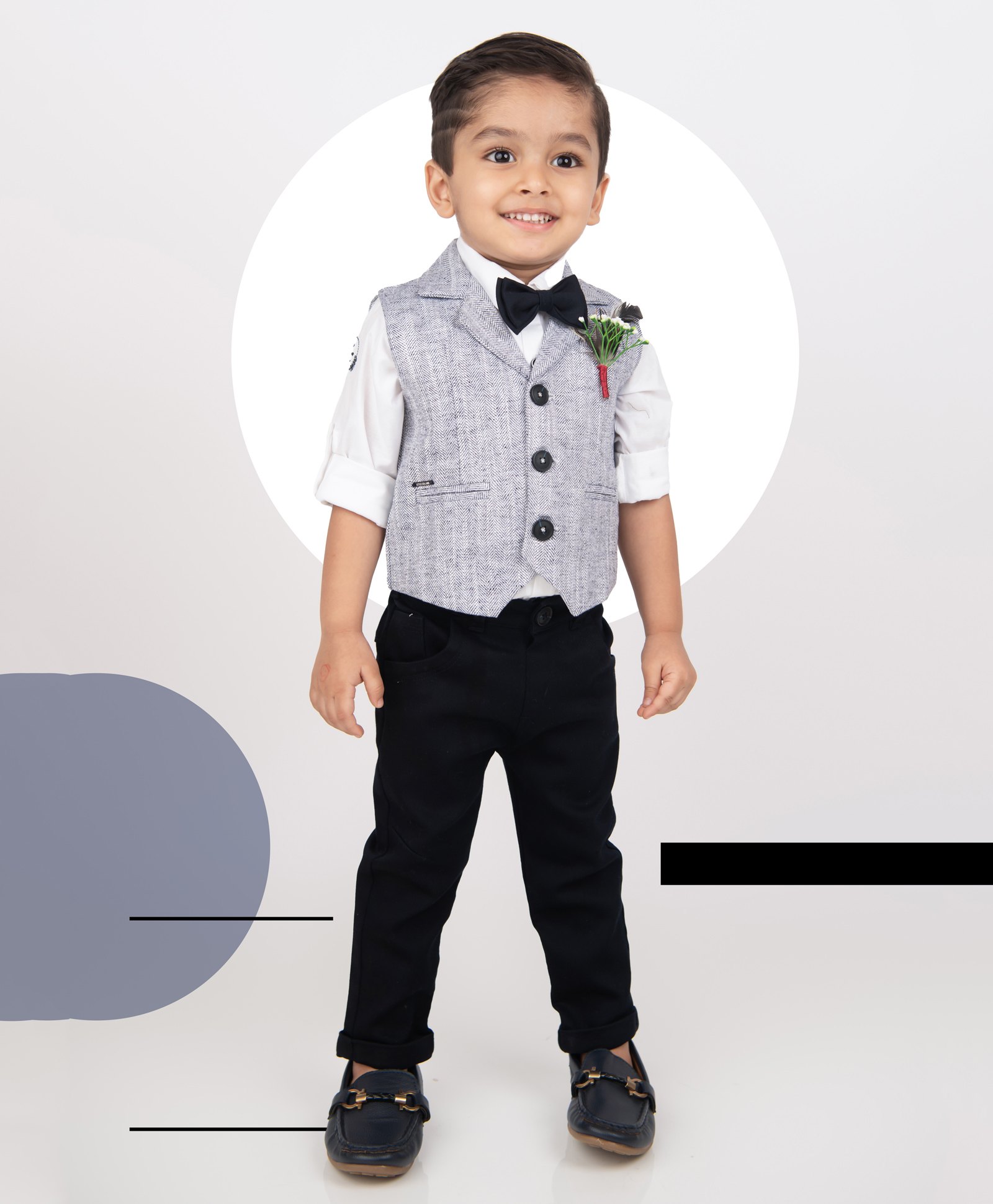 LITTLE COLLARS Cotton Blend Full Sleeves Chevron Printed 3 Piece Party Suit Set With Bow - Navy Blue-picture-24