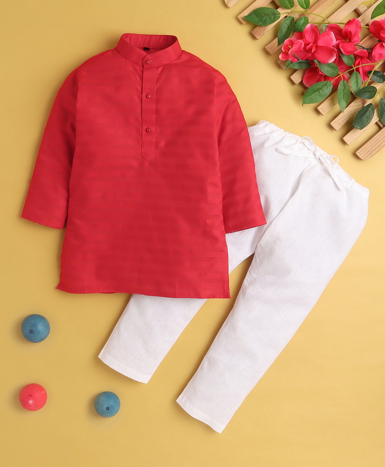Jeet Ethnics Cotton Blend Full Sleeves Rugby Striped Kurta Pyjama Set - Red-picture-8