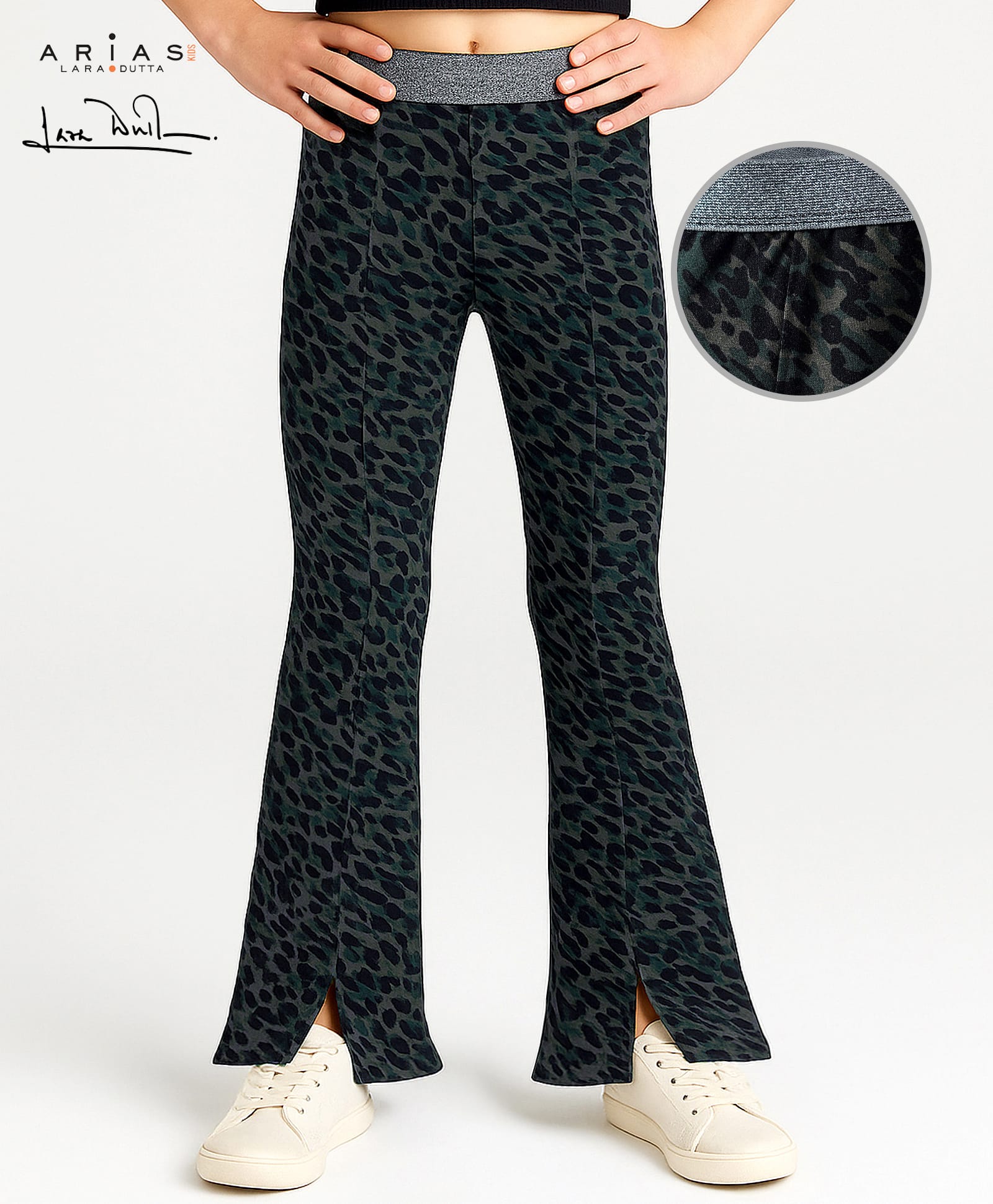 Arias Single Jersy Knit Cheetah Printed Leggings With Stretch & Lurex Waistband - Green-image-43