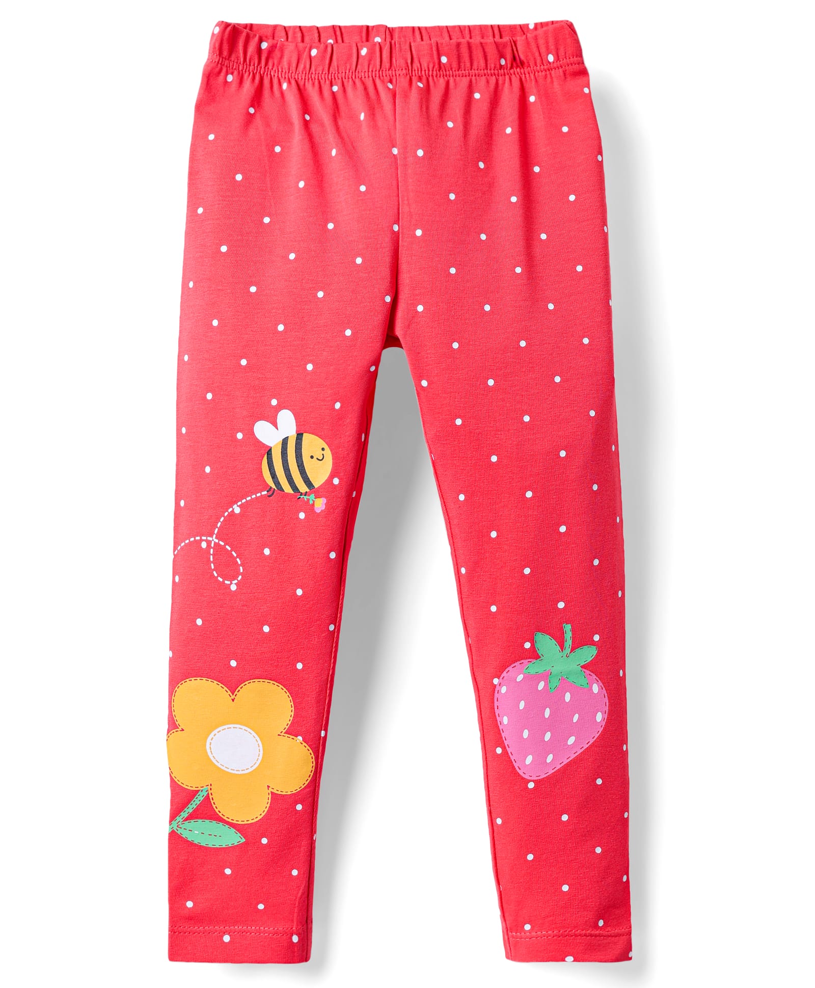 Babyhug Cotton Lycra Knit Full Length Leggings with Floral Fruit & Bee Print - Red-picture-22