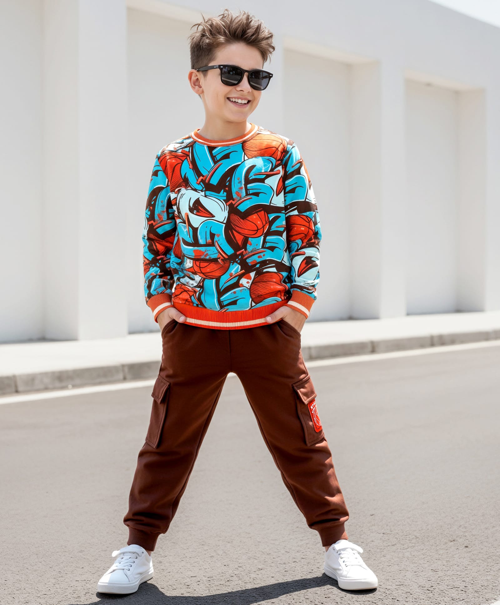OLLINGTON ST. Cotton Knit Full Sleeves Printed Sweatshirt & Knit Joggers Set with Abstract Print - Multicolor & Dark Brown-image-42