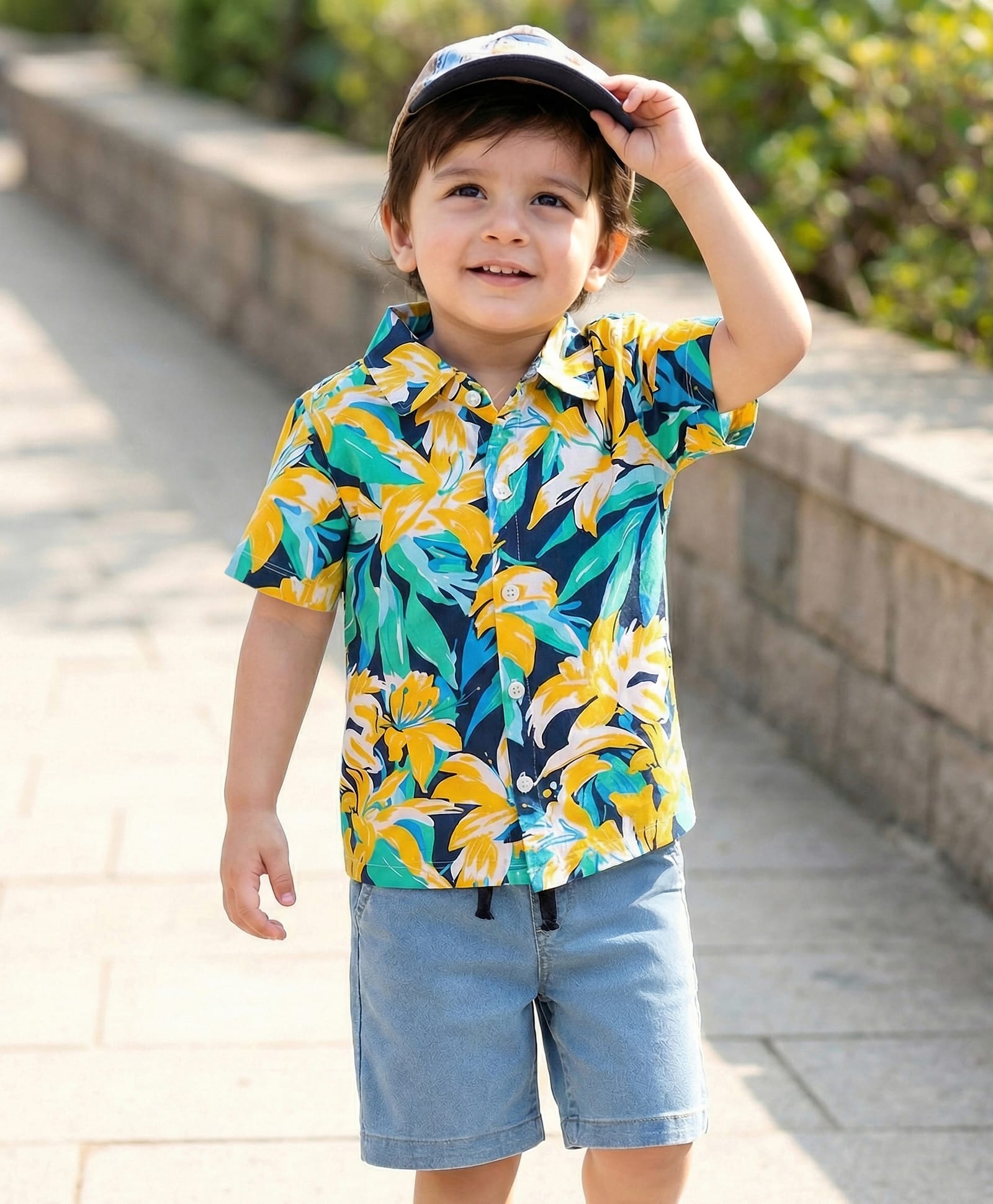 Babyhug Single Jersey Knit Half Sleeves Shirt & Shorts Set With Floral Print - Yellow & Light Blue