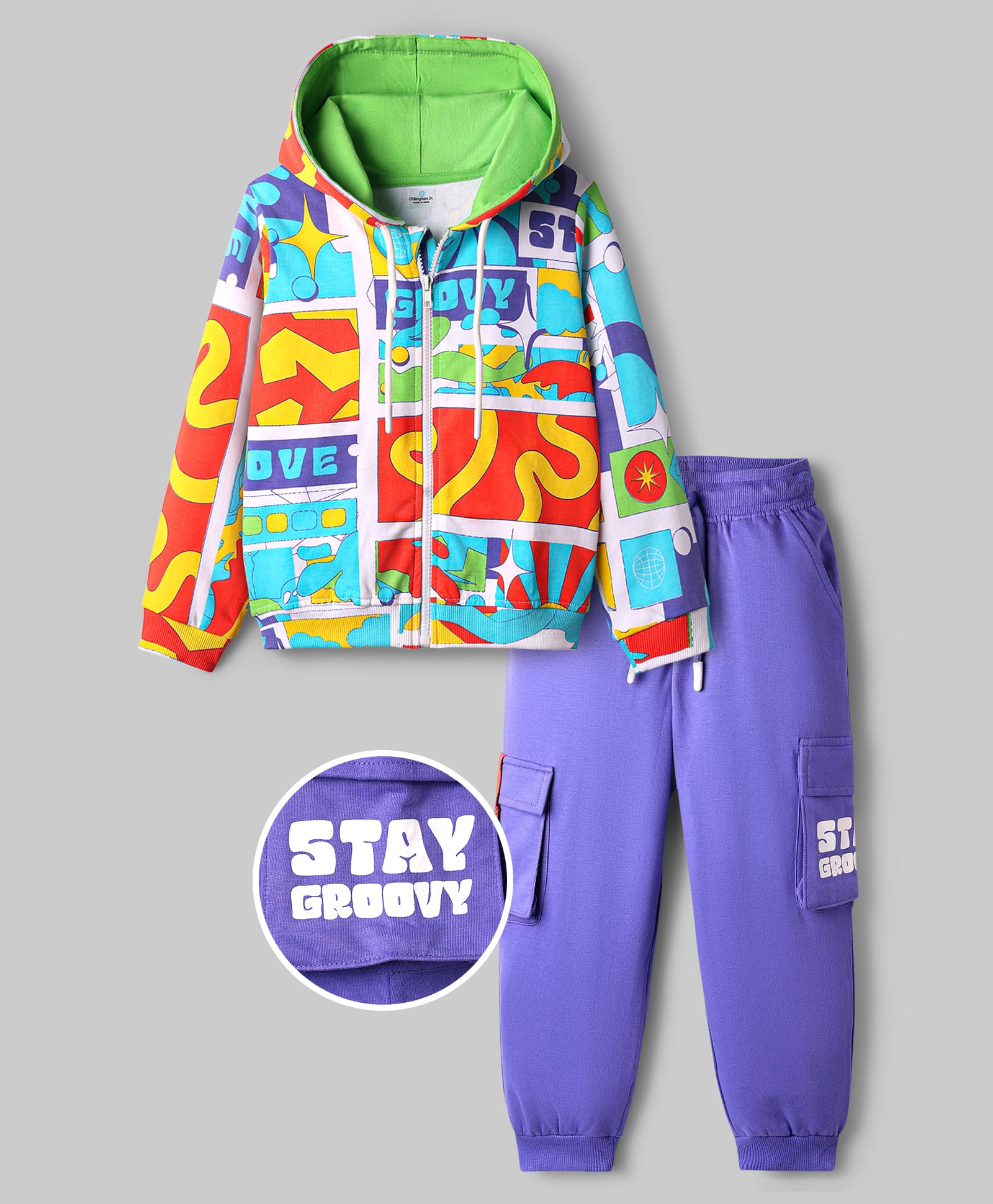 OLLINGTON ST. Cotton Knit Full Sleeves Text Printed Hooded Sweatshirt & Knit Joggers - Multicolor & Purple-picture-27