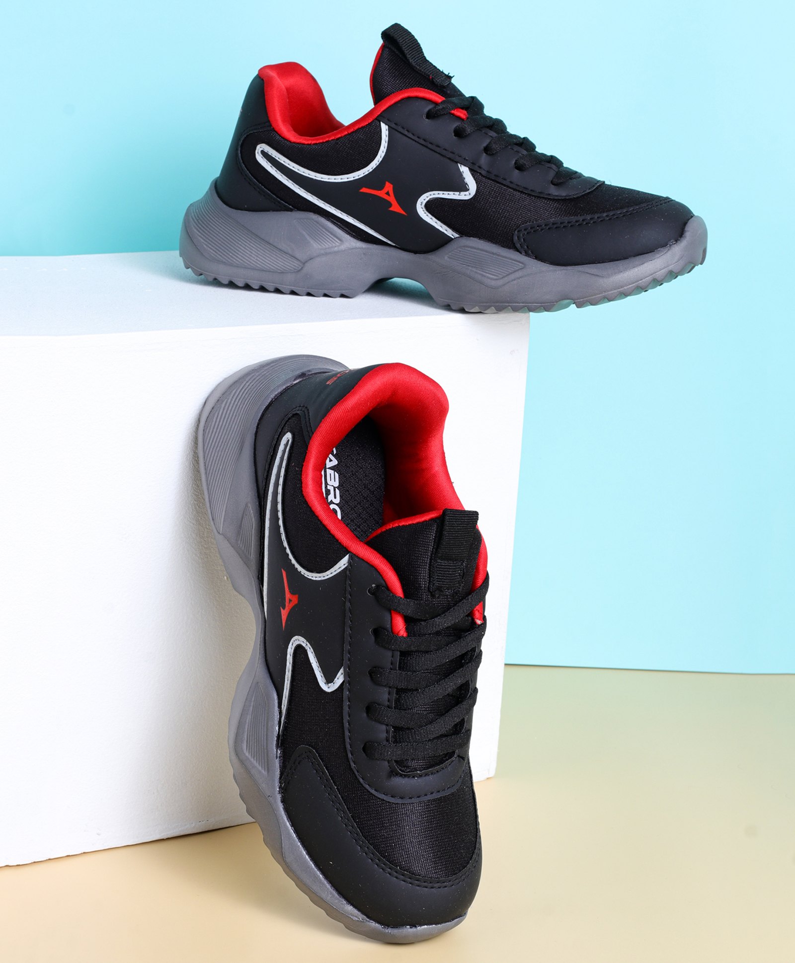 ABROS Colour Blocked & Mesh Detailed Lace Up Shoes - Black & Red-image-24