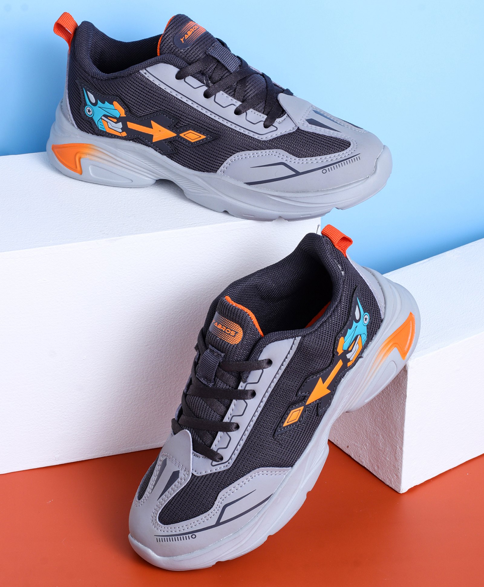 ABROS Colour Blocked Robot Designed Lace Up Shoes - Dark Grey & Orange-image-13
