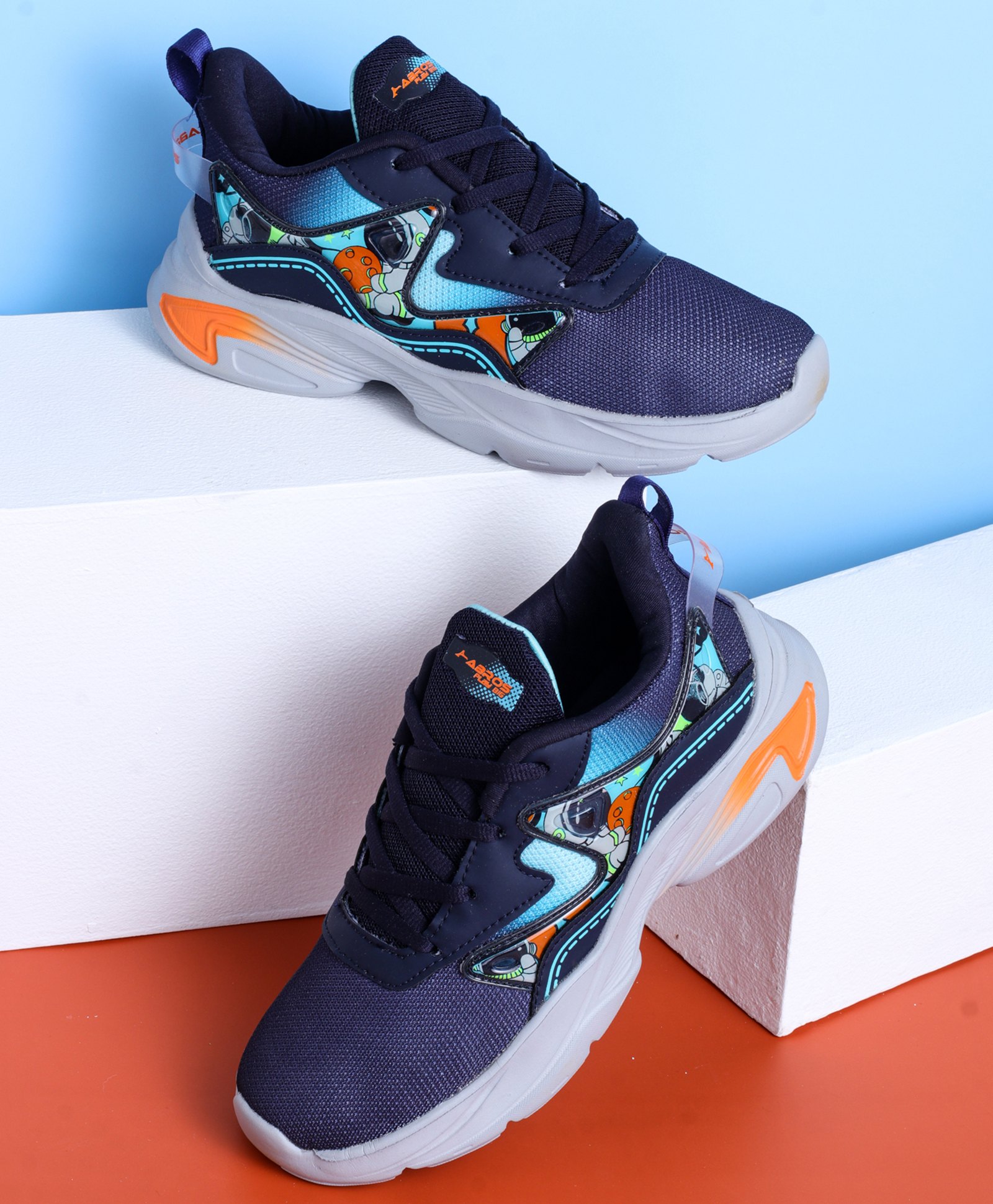 ABROS Colour Blocked Space Theme Designed Lace Up Shoes - Navy Blue & Mint Green-image-48