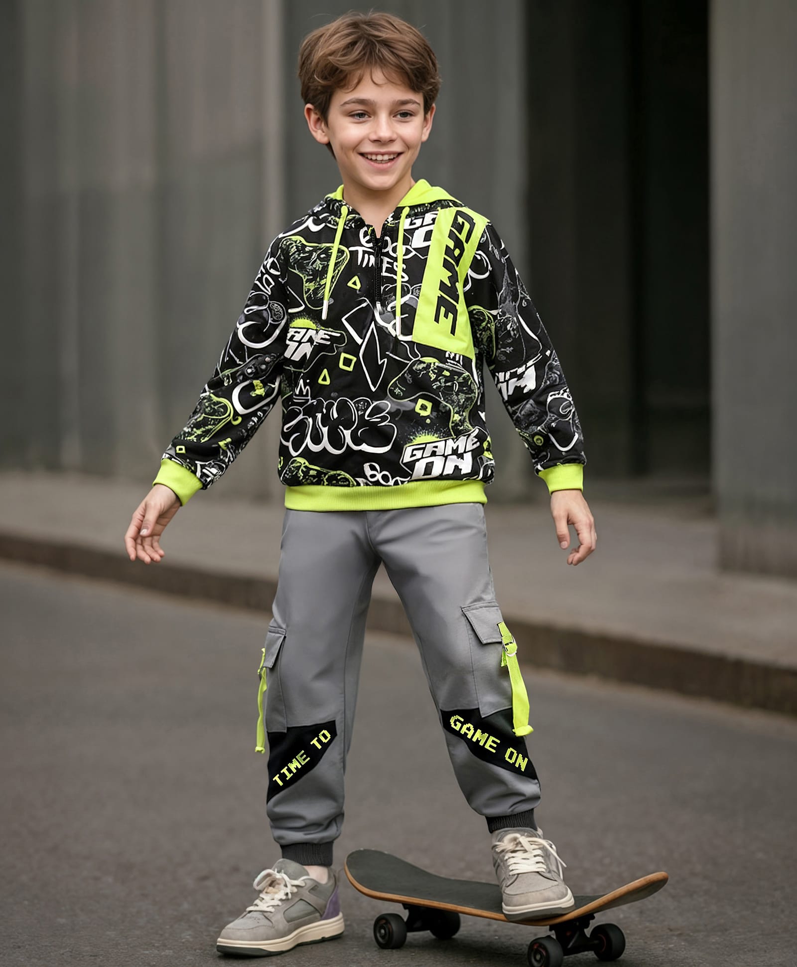 OLLINGTON ST. Cotton Knit Text Print Full Sleeves Hoodie & Knit Joggers - Multicolor & Grey-image-35