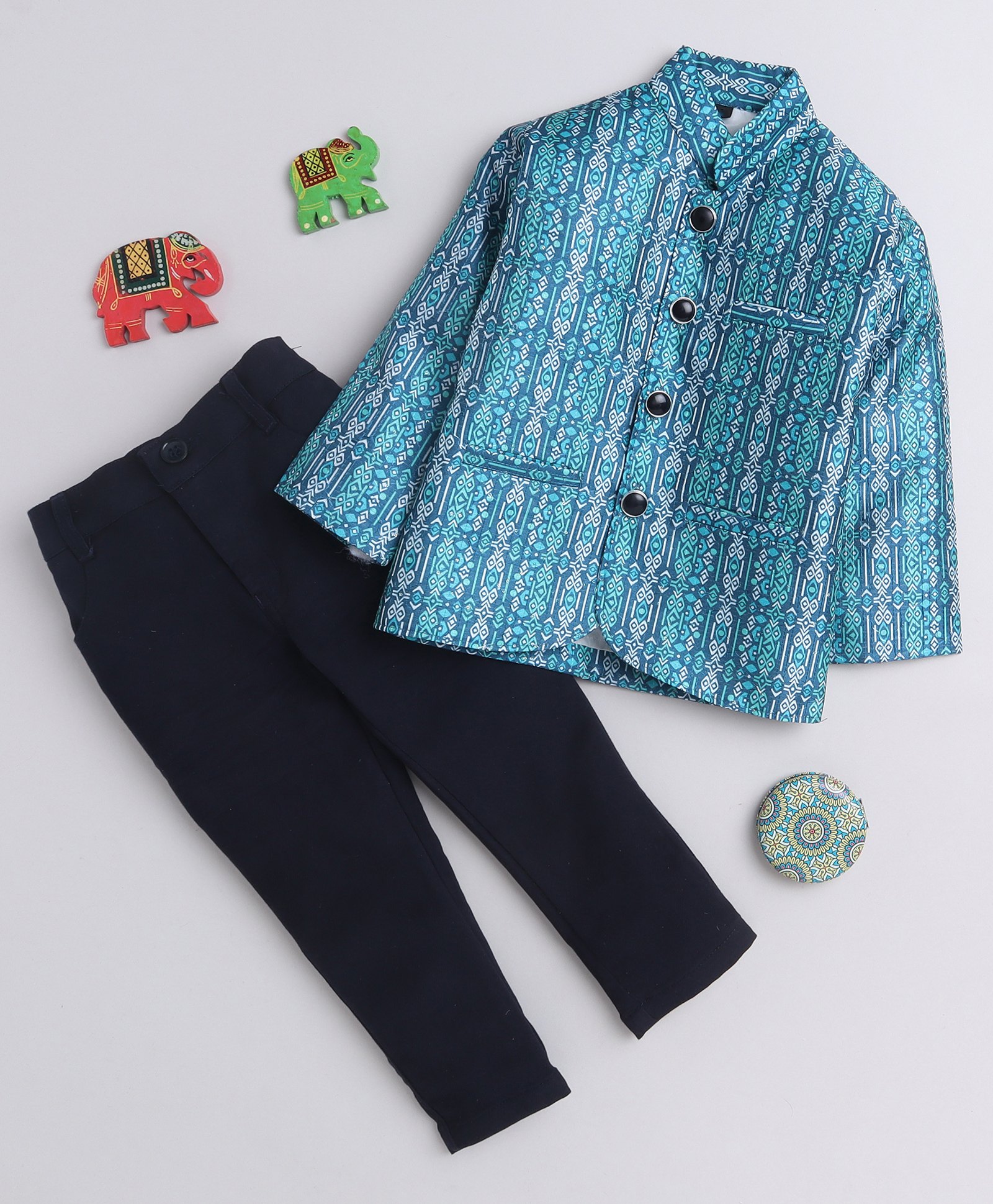 Lil' Homies Jacquard Full Sleeves Abstract Printed Blazer & Pant Set - Turquoise-image-31
