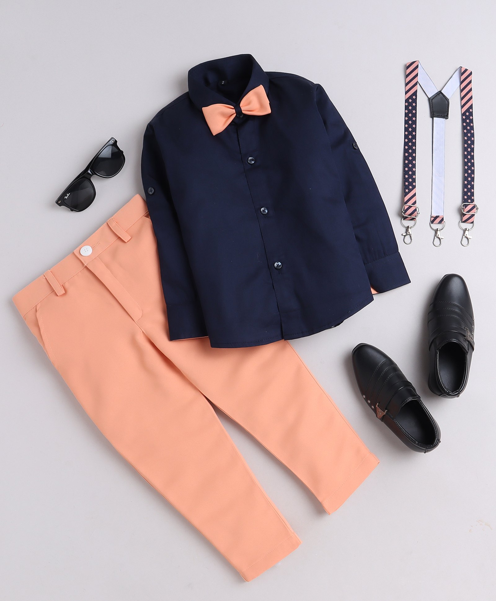 Lil' Homies Cotton Blend Full Sleeves Solid Shirt & Pant With Suspender & Bow Set - Peach & Navy Blue-image-30