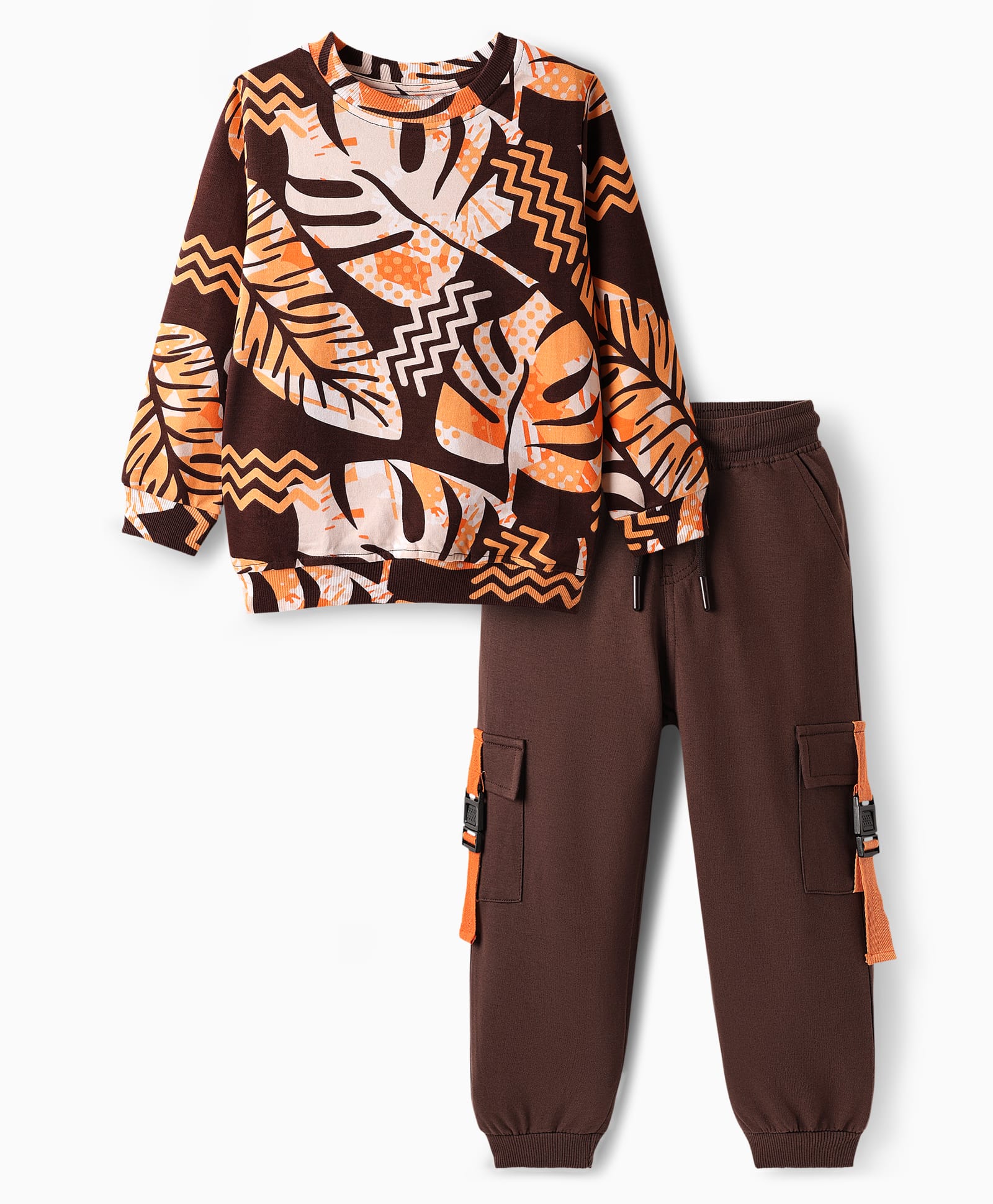 OLLINGTON ST. Cotton Knit Full Sleeves Leaves Printed Sweatshirt & Knit Joggers Set - Multicolor-image-47