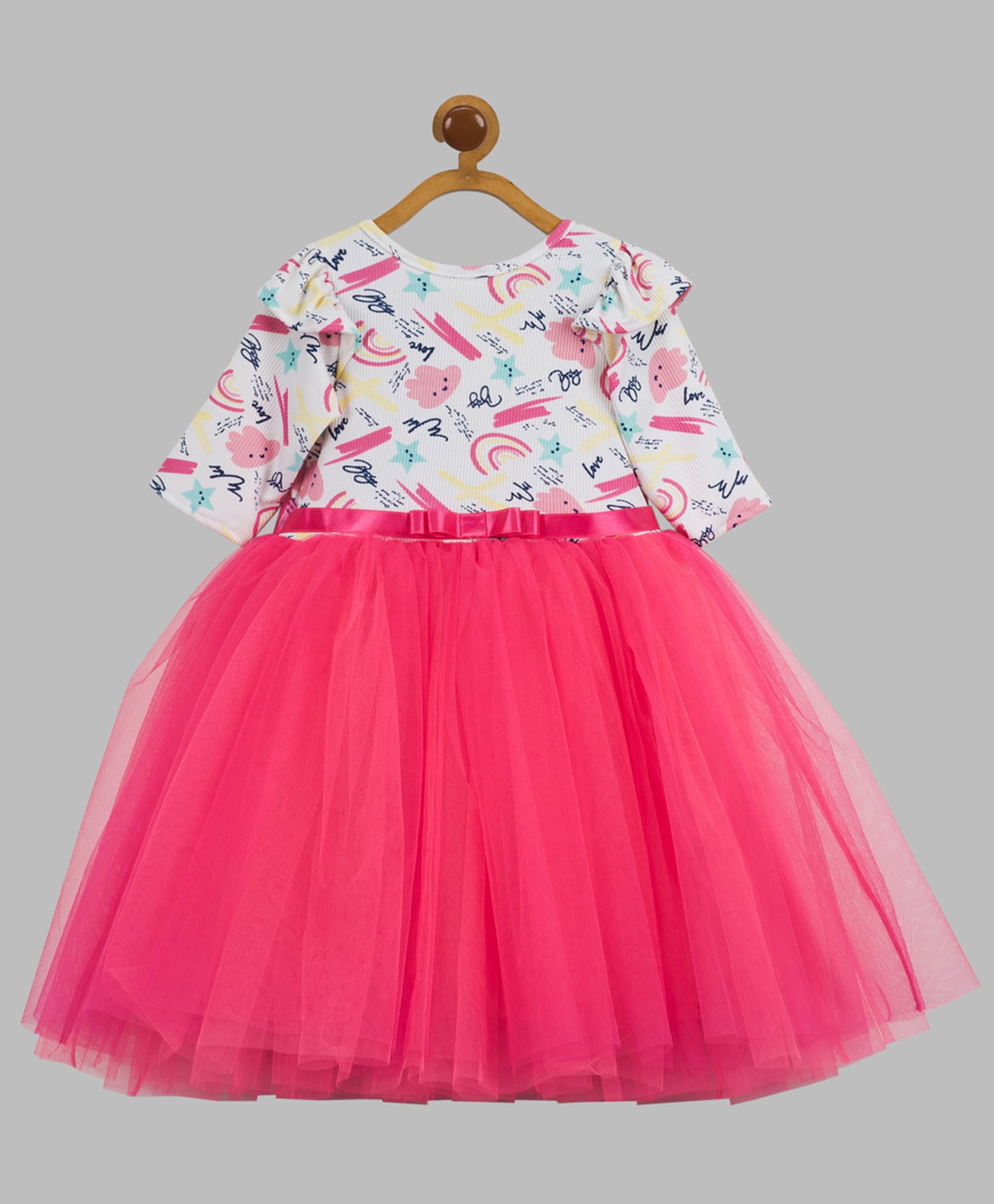 Toy Balloon Kids Net Three Fourth Sleeves Rainbow & Typography Printed Dress - Fuchsia Pink-image-15