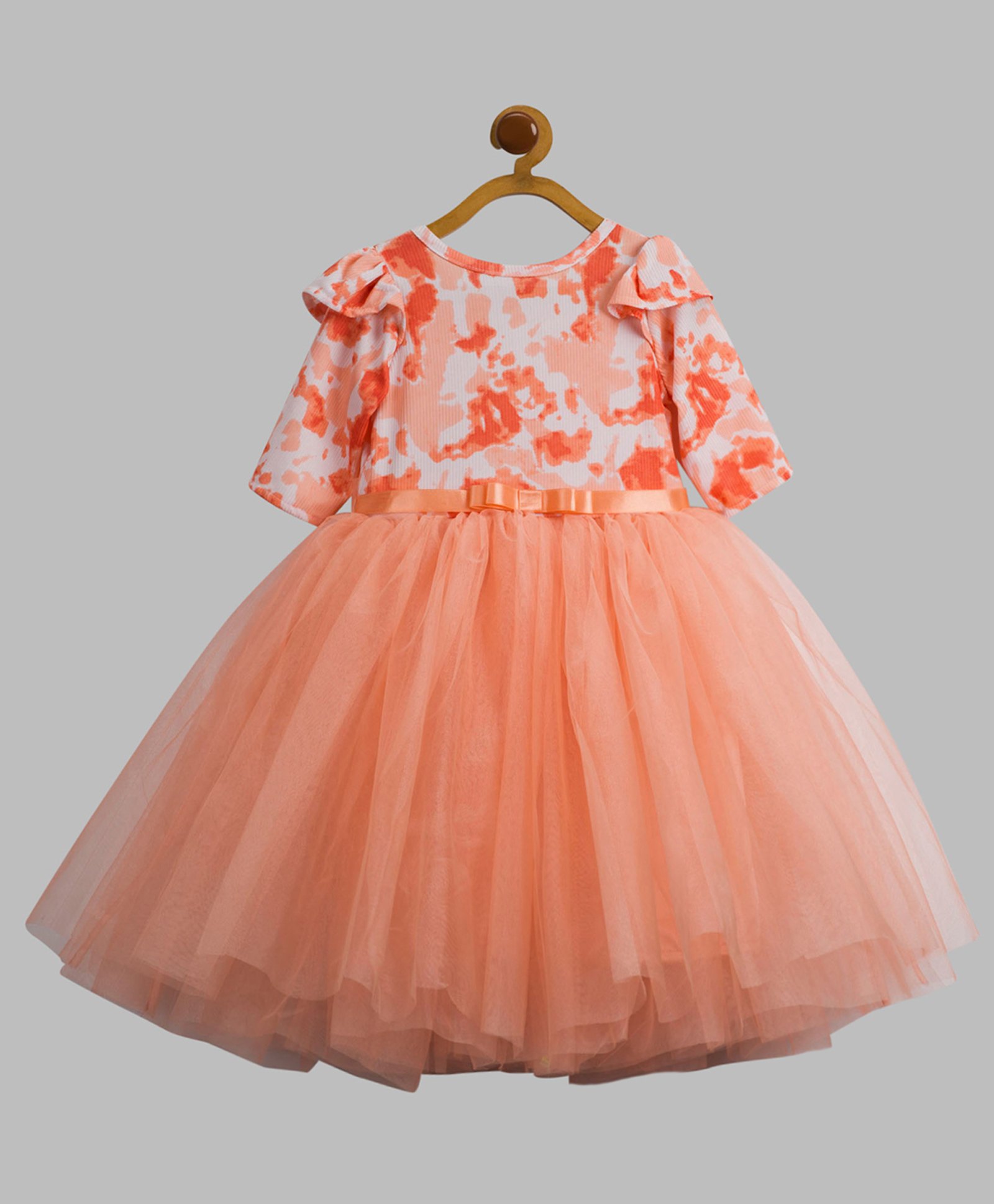 Toy Balloon Kids Net Three Fourth Sleeves Bow Applique Detailed & Tie Dye Dress - Peach-image-1