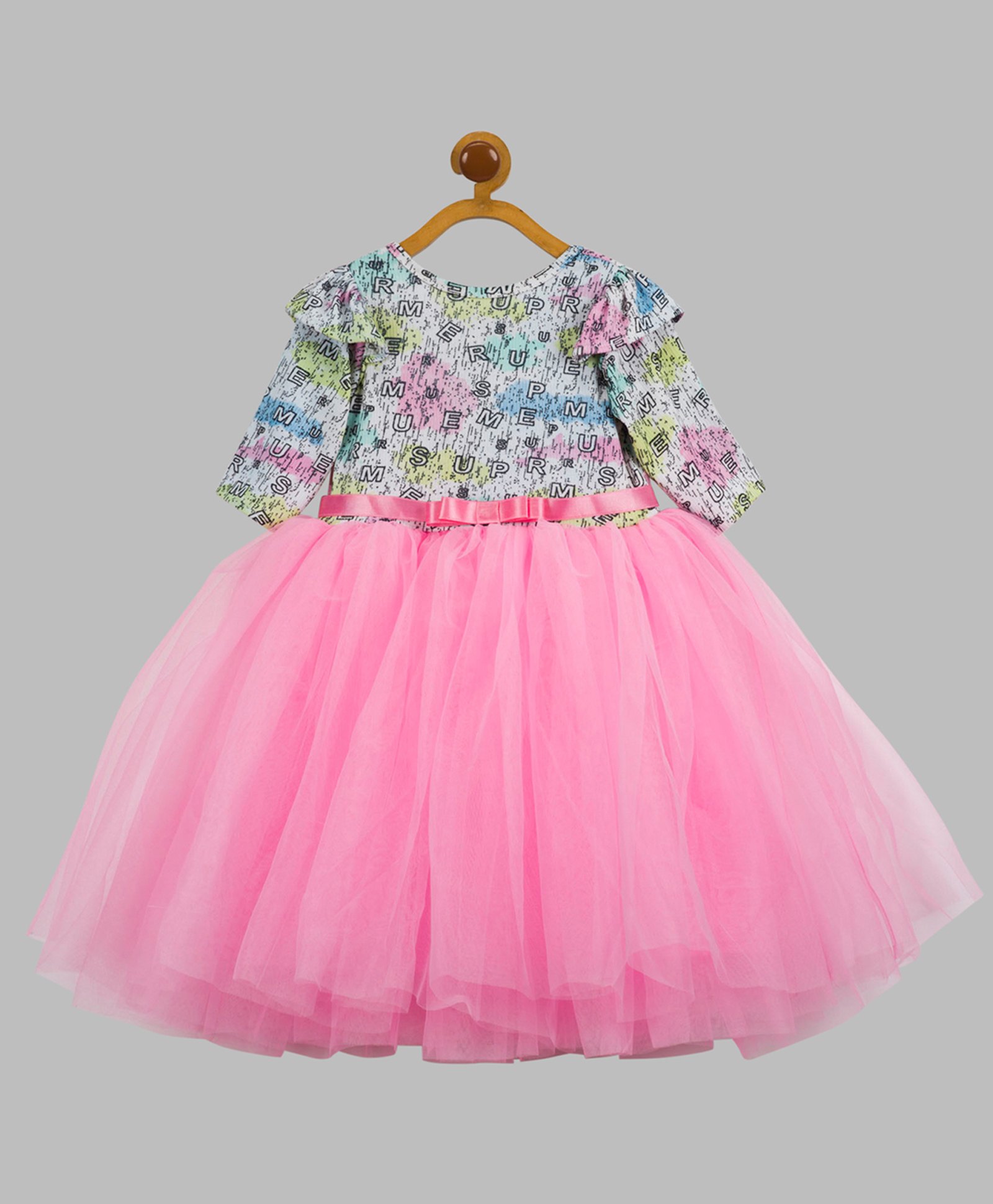 Toy Balloon Kids Net Three Fourth Sleeves Bow Applique Detailed & Alphabets Printed Dress - Pink-image-20