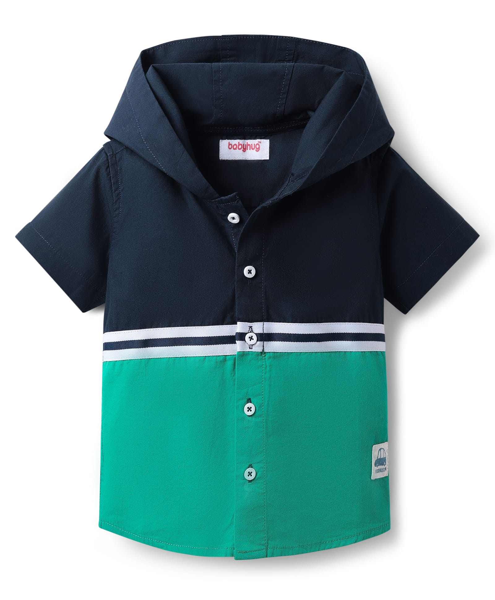 Babyhug Cotton Woven Half Sleeves Hooded Shirt with Cut & Sew Print - Navy Blue & Sea Green-picture-13