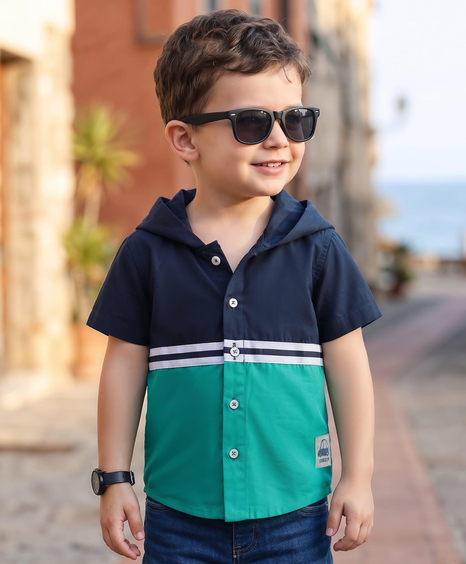 Babyhug Cotton Woven Half Sleeves Hooded Shirt with Cut & Sew Print - Navy Blue & Sea Green-image-38
