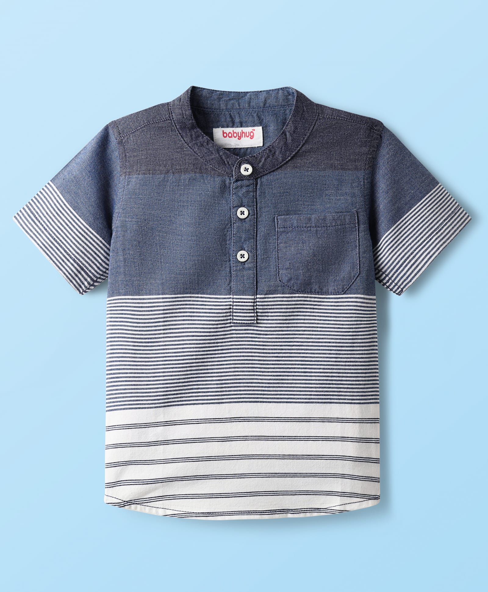 Babyhug Cotton Woven Half Sleeves Mandarin Collar Kurta Stripe Shirt - Navy Blue-image-6