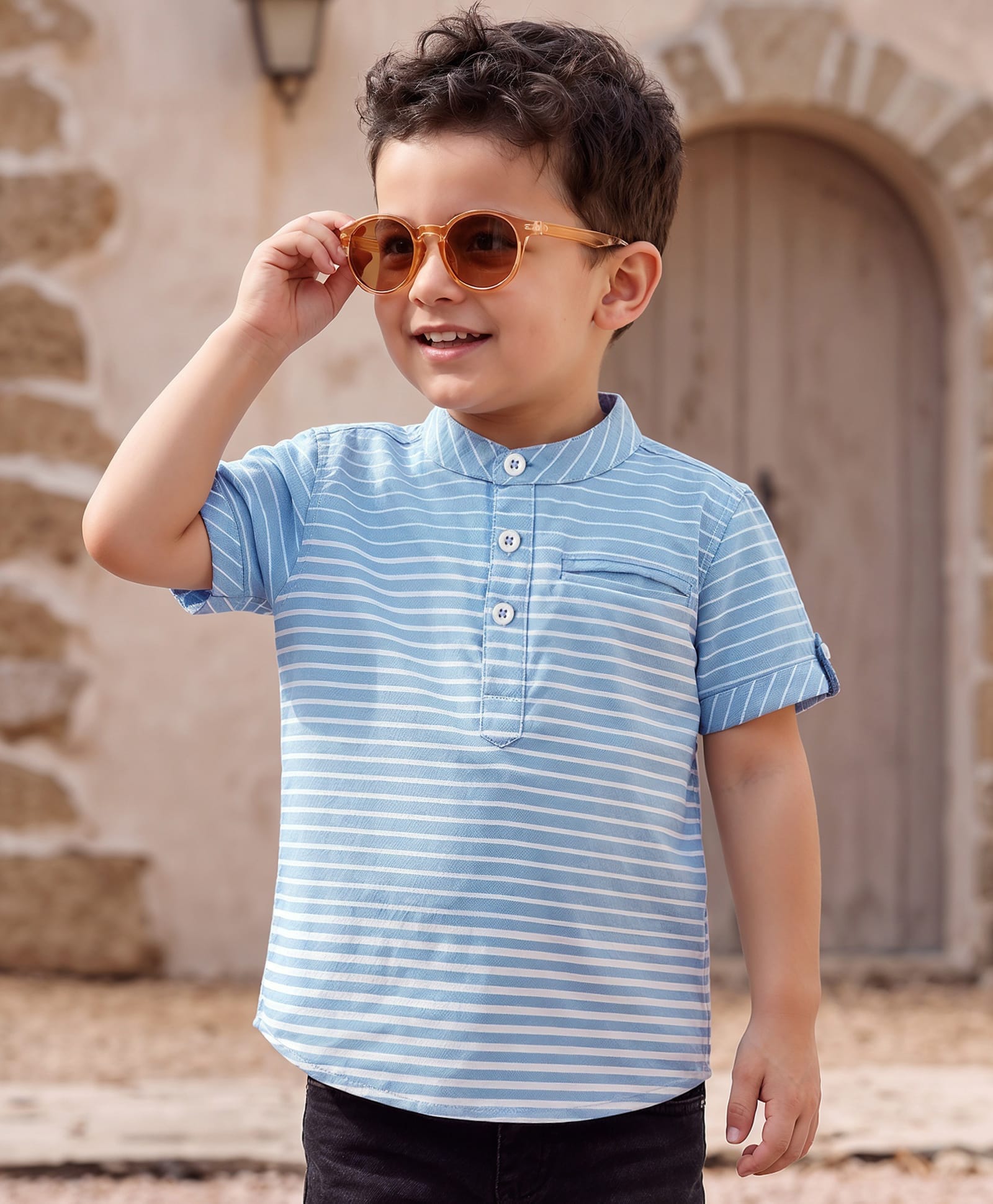 Babyhug Cotton Woven Half Sleeves Mandarin Collar Striped Kurta Style Shirt - Light Blue-image-7