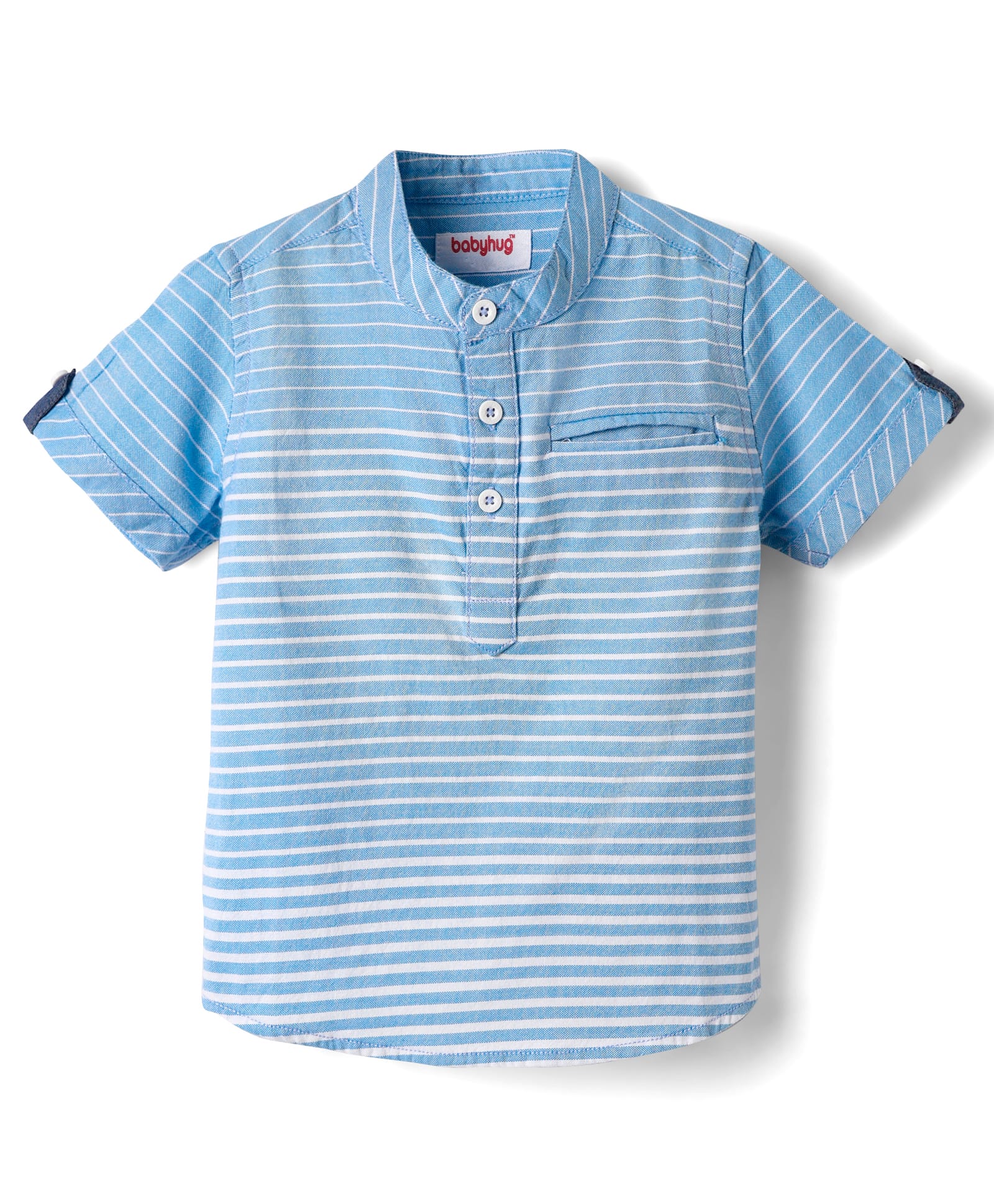 Babyhug Cotton Woven Half Sleeves Mandarin Collar Striped Kurta Style Shirt - Light Blue