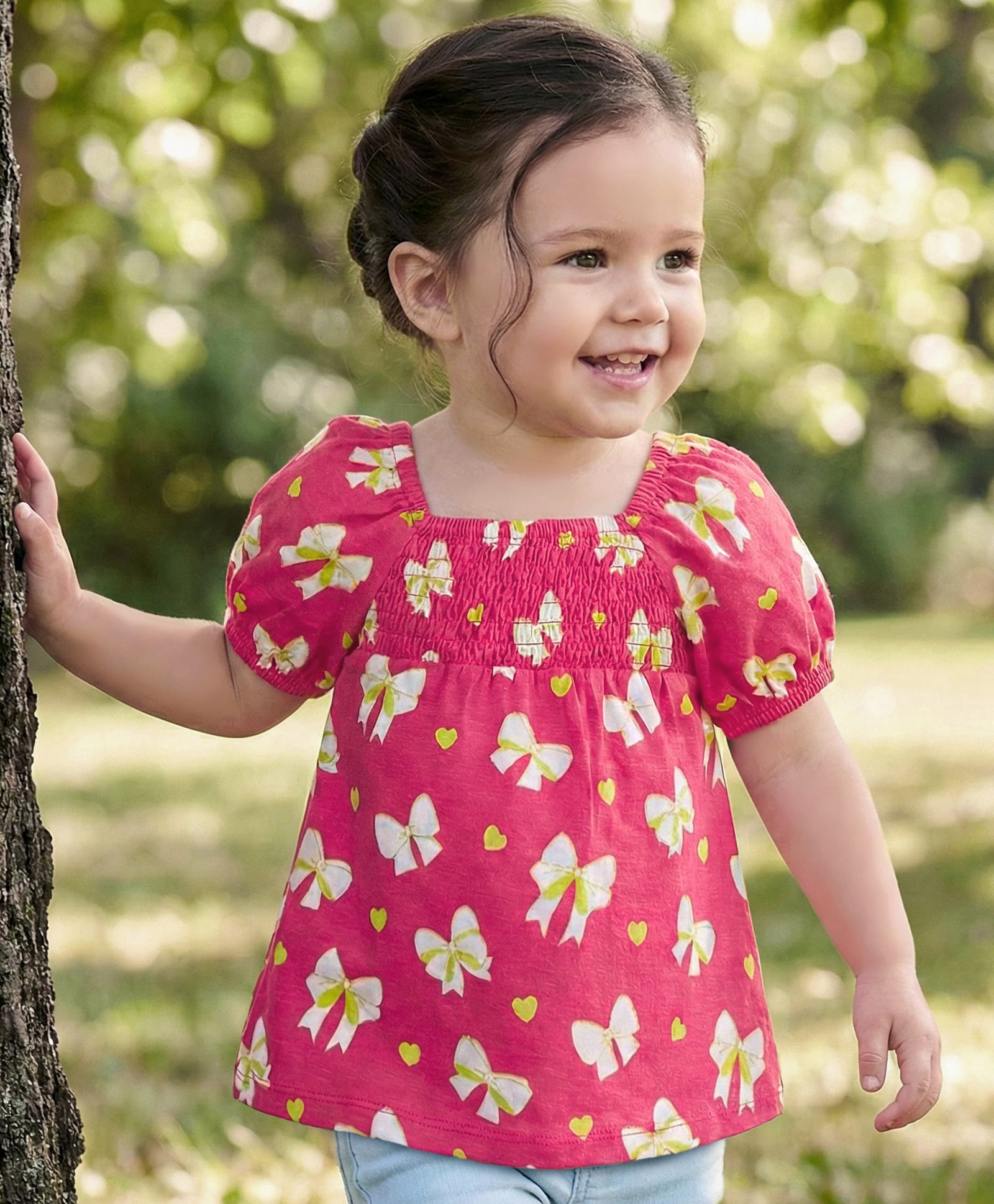 Babyhug 100 % Cotton Knit Puffed Sleeves Top with Smock Detailing & Bow Heart Print - Red-picture-15