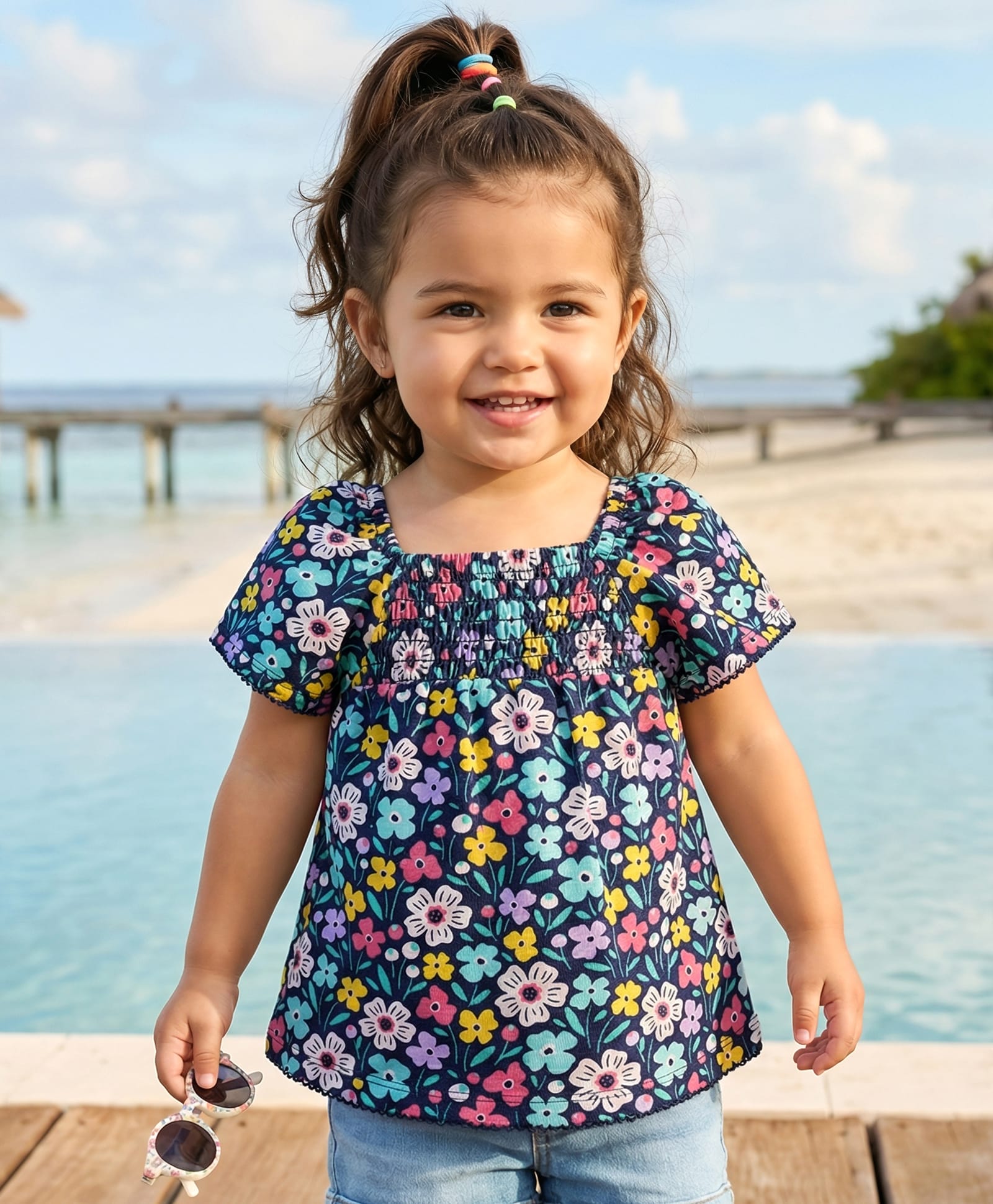Babyhug 100 % Cotton Knit Puffed Sleeves Top with Smock Detailing & Floral Print - Navy Blue-image-4