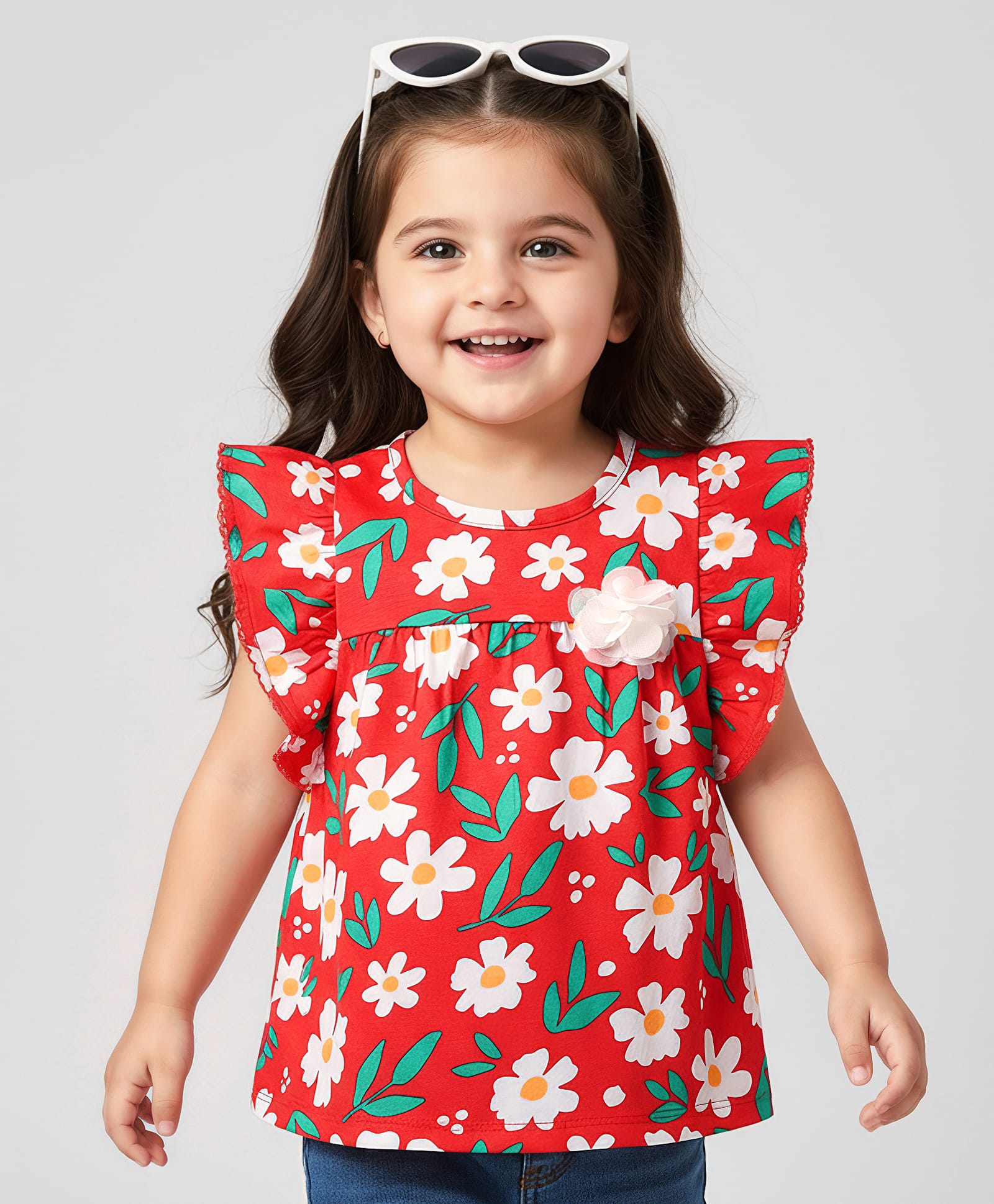Babyhug 100% Cotton Knit Frill Sleeves Floral Printed Top - Red-image-14