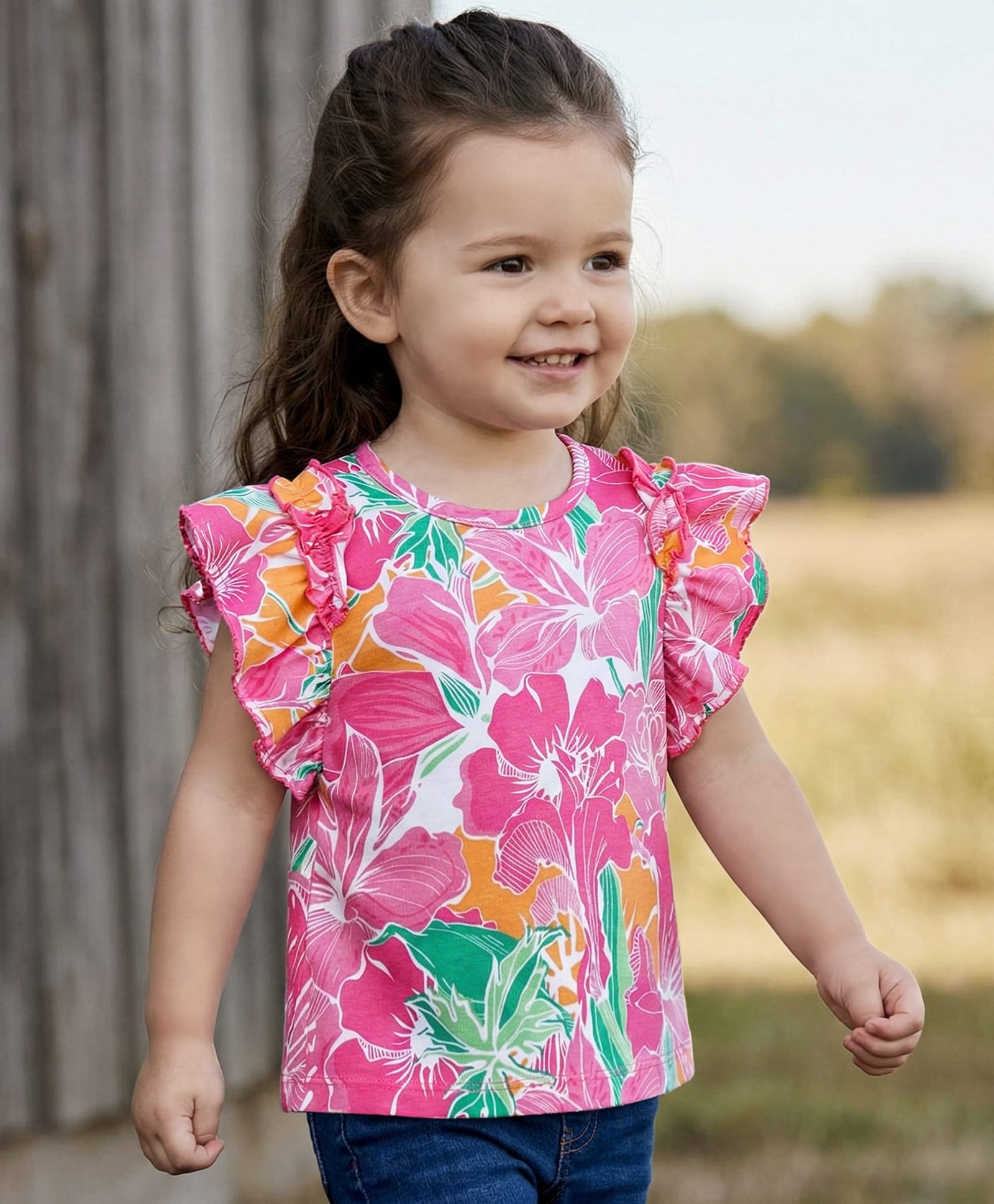 Babyhug Cotton Knit Frill Sleeves Top with Print - Pink