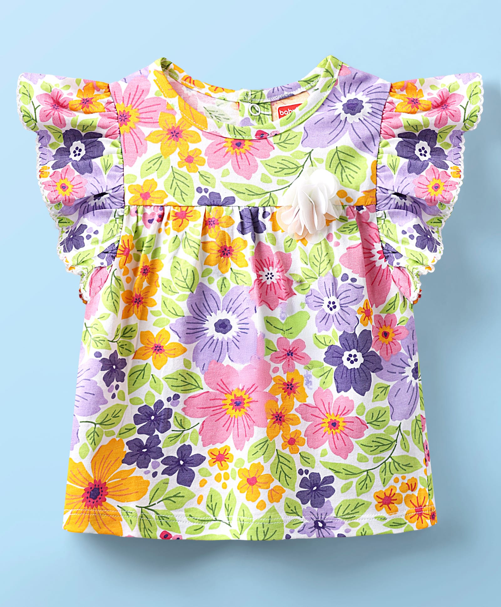Babyhug 100% Cotton Knit Frill Sleeves Floral Printed Top - White-picture-10