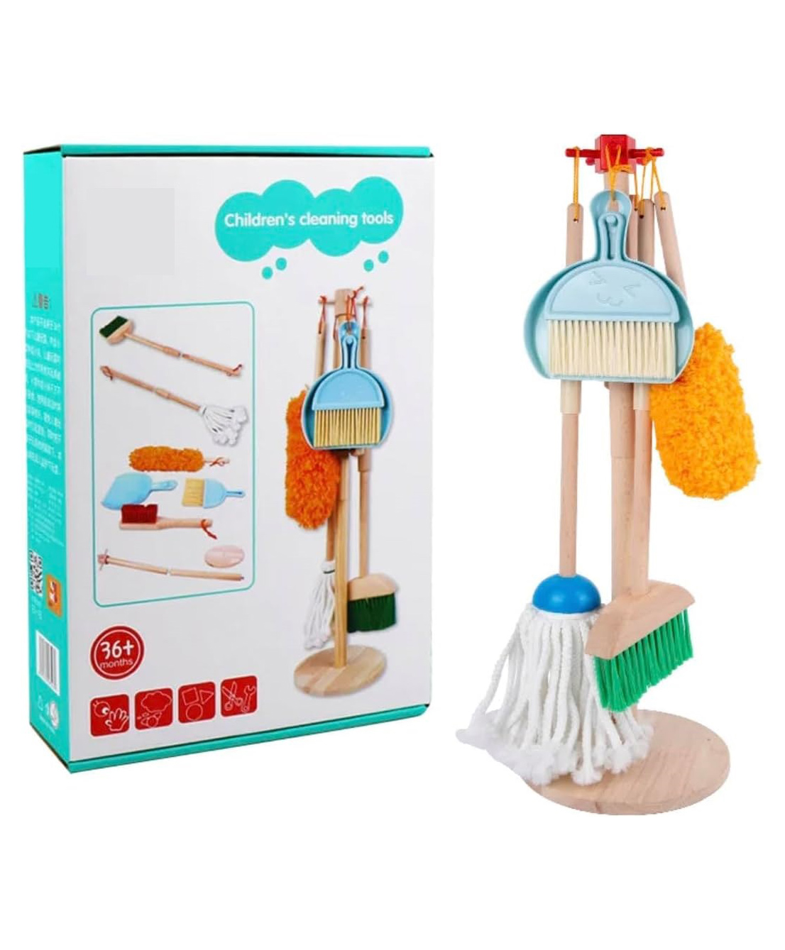 Azhari Wooden Cleaning Tools Set Complete Household Pretend Play Role Play Cleaning Set Toy for Kids Color May Vary-image-46