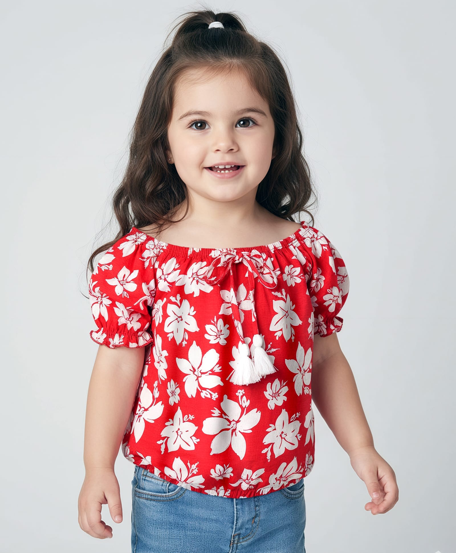 Babyhug 100% Cotton Knit Puffed Sleeves Top With Floral Print - Red-image-48